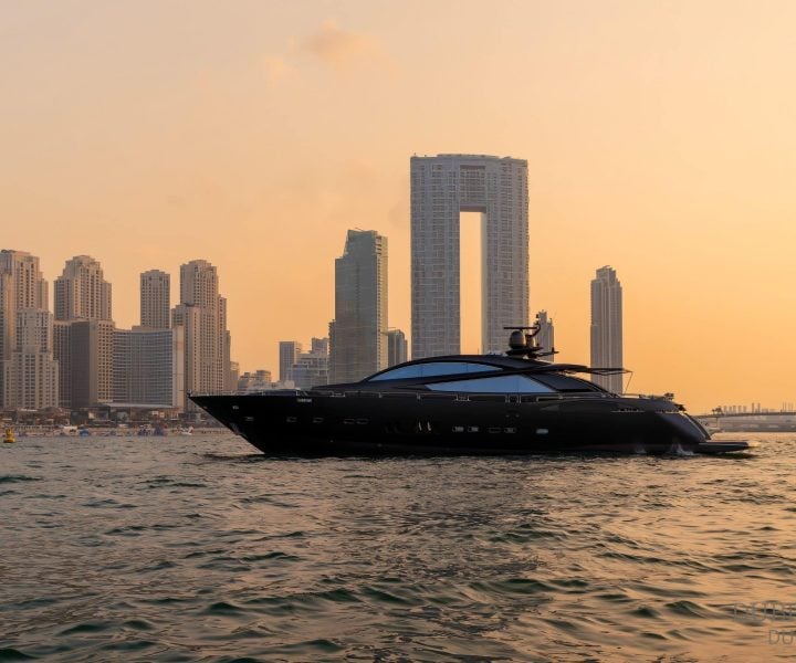Cruise in style aboard this black yacht, the Sunseeker 108 Predator.