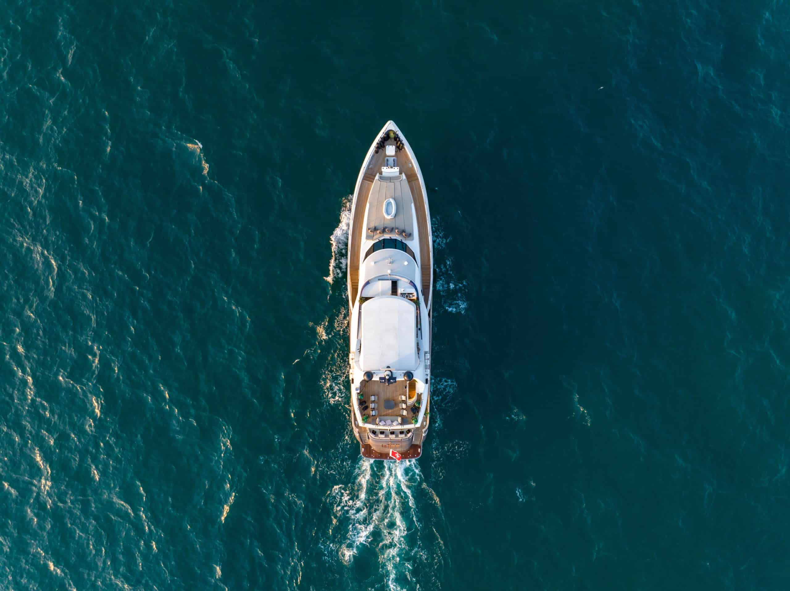 Drone shot of Tatti 110 yacht deck layout from above