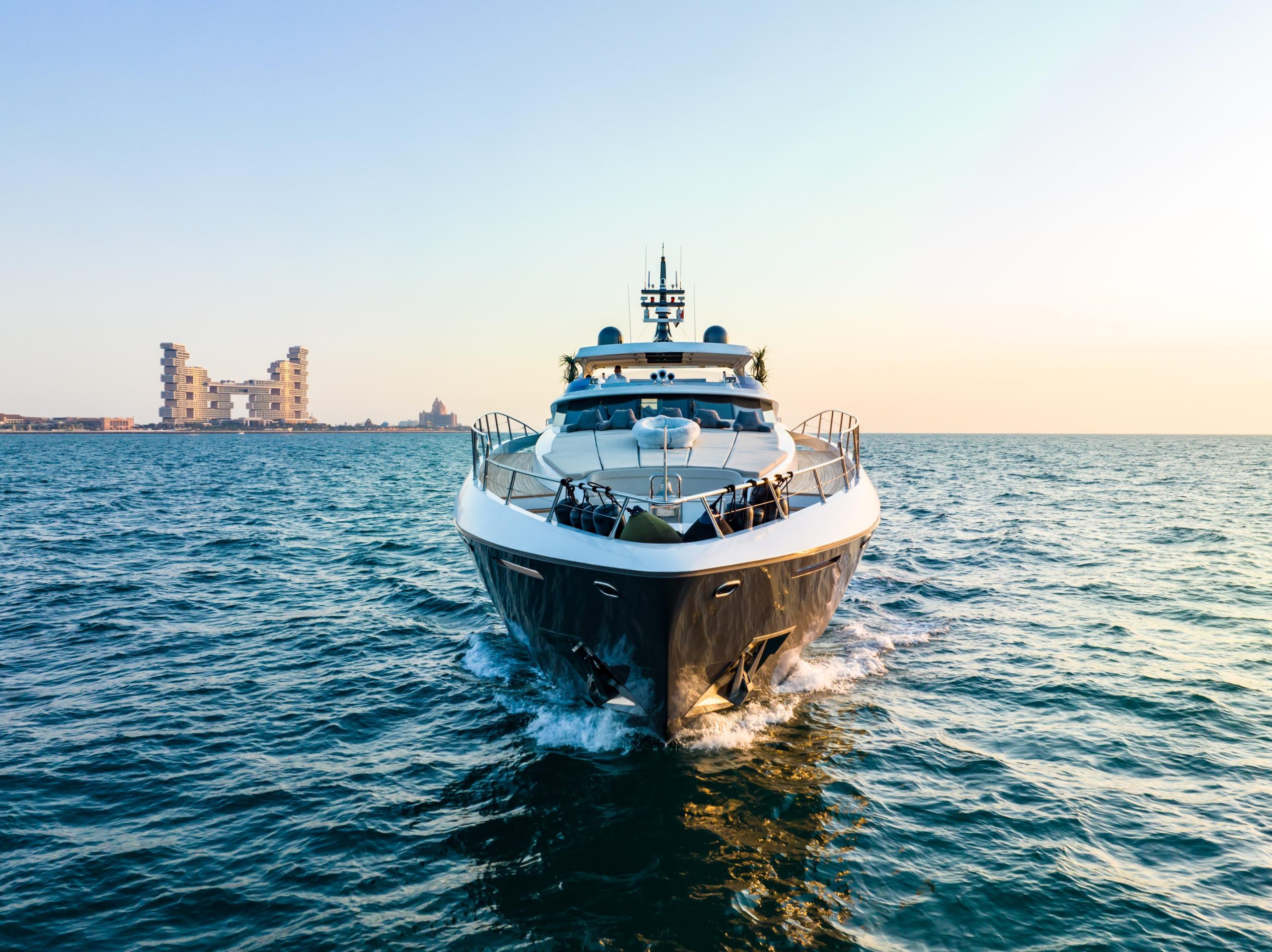 Front exterior angle of Tatti 110 yacht at sea in Dubai