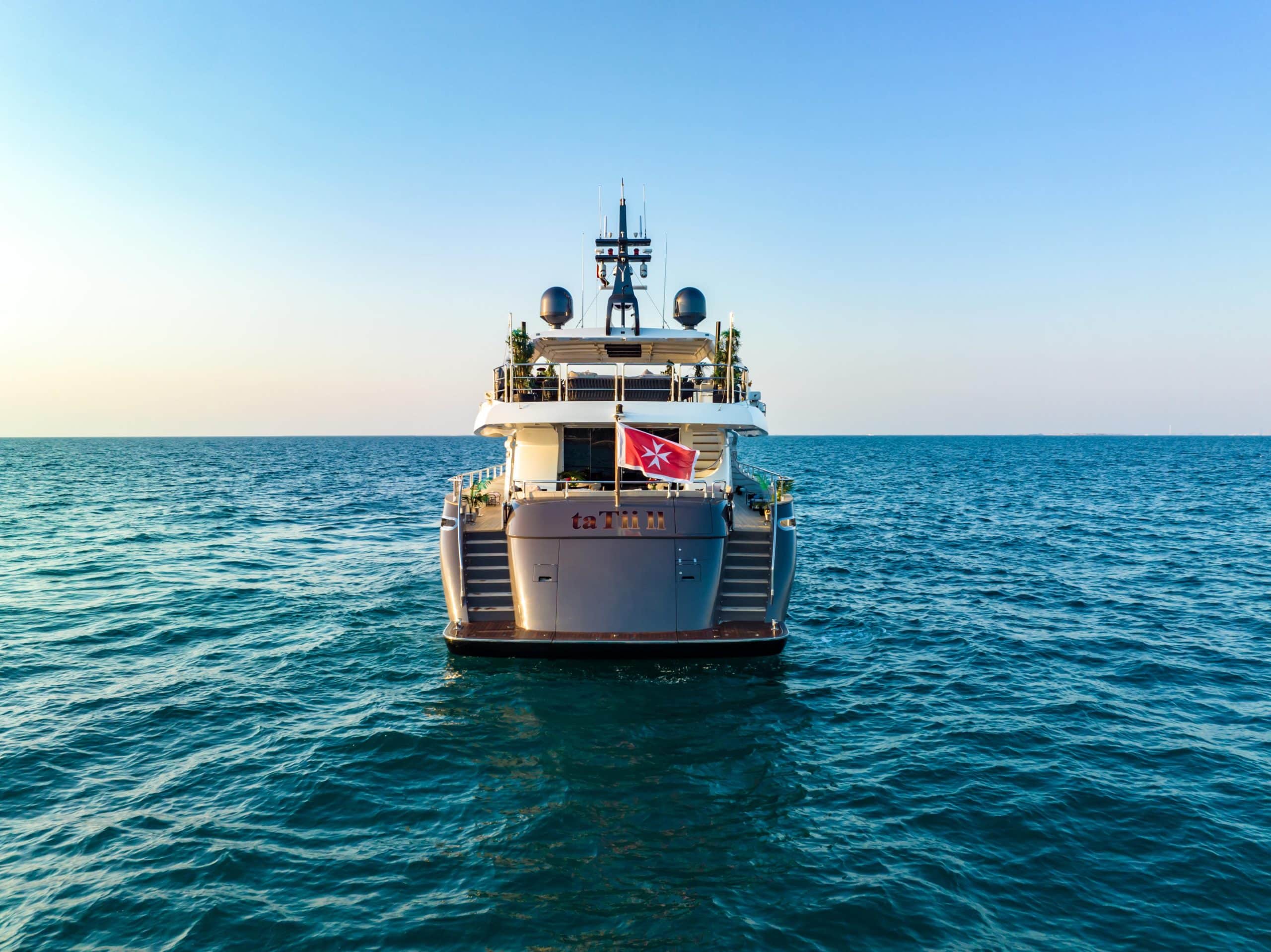Rear exterior view of Tatti 110 luxury yacht in Dubai