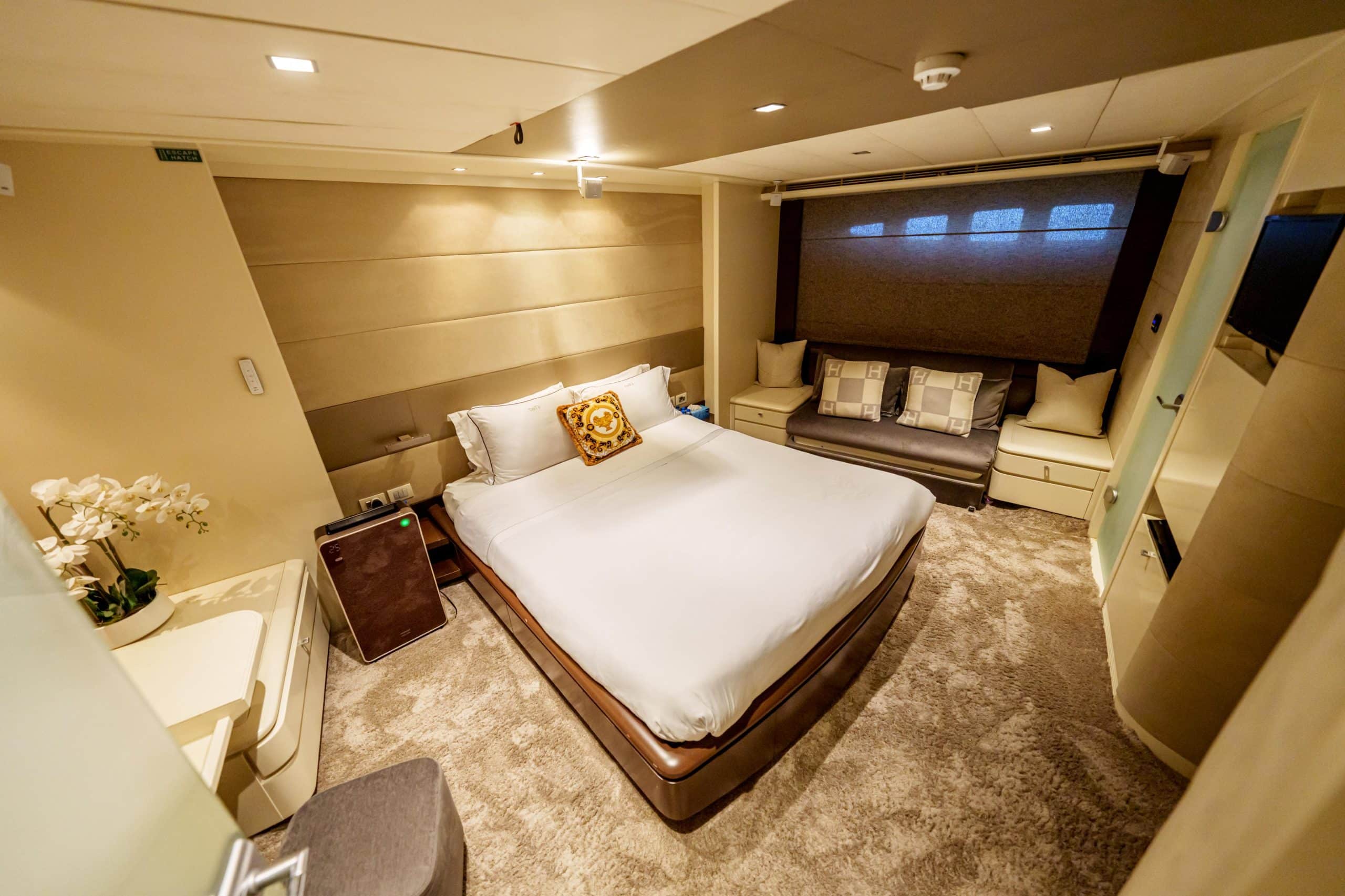 Elegant VIP guest cabin with double bed on Tatti 110 yacht