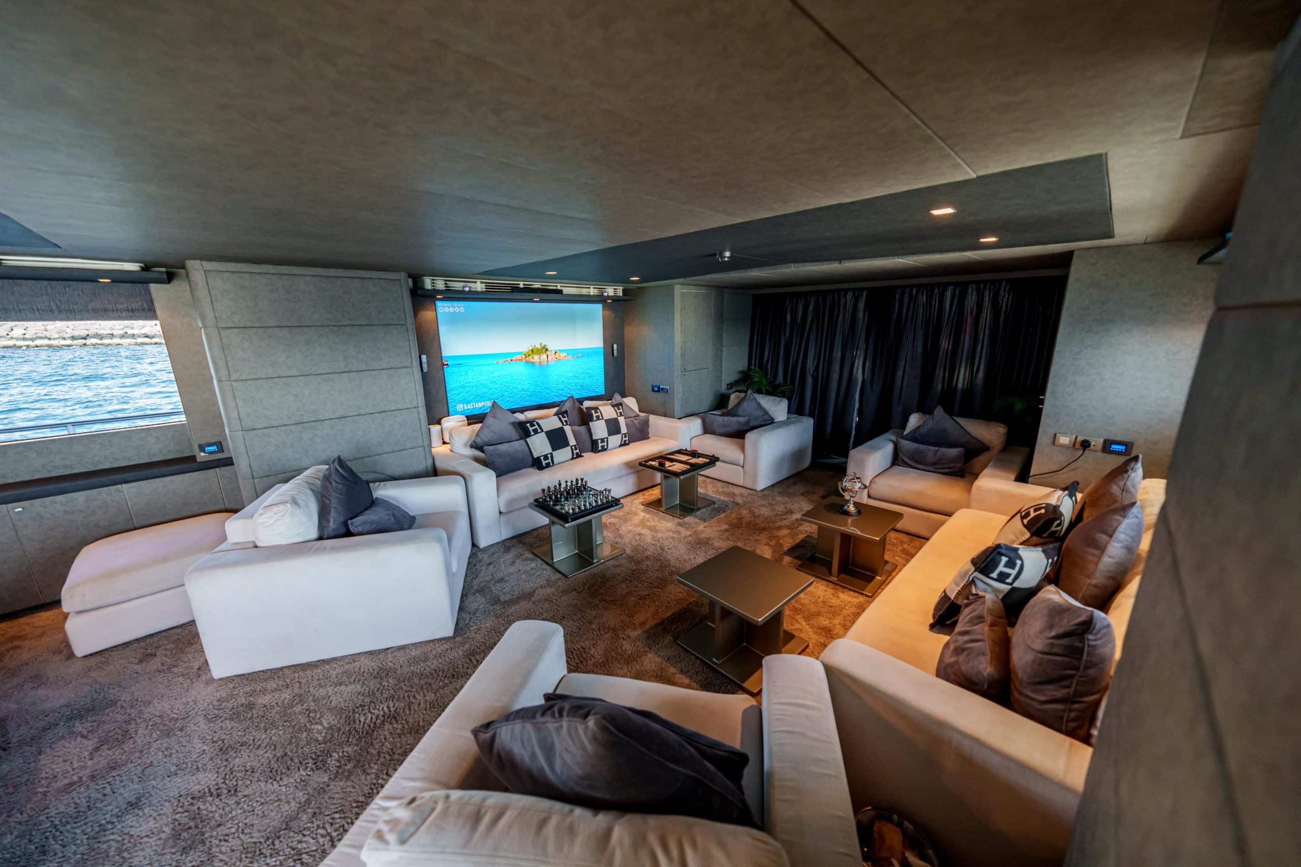 Premium yacht lounge interior with plush seating on Tatti 110