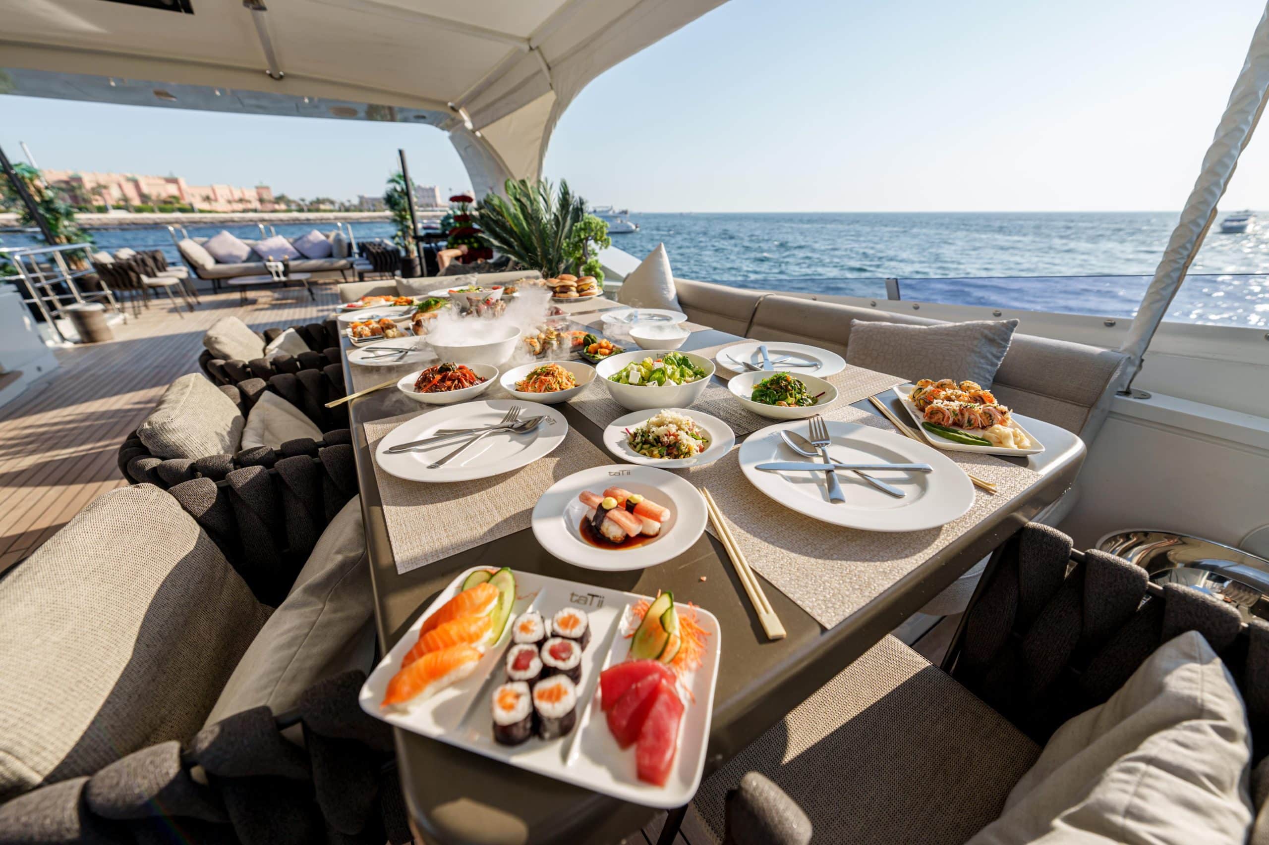 Luxury yacht dining experience with sea view on Tatti 110