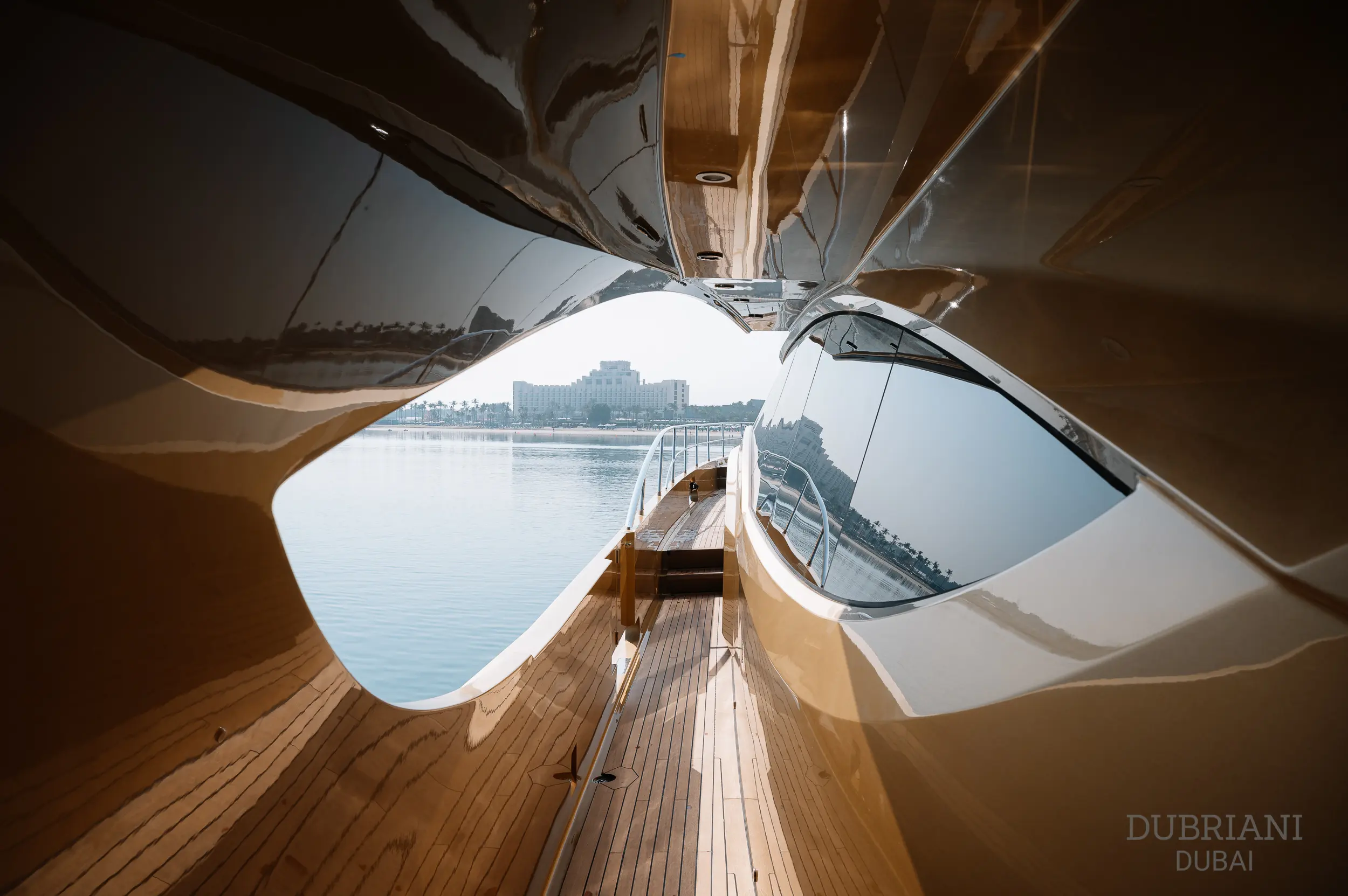 Elegant interior walkway inside Royalty 136 luxury yacht