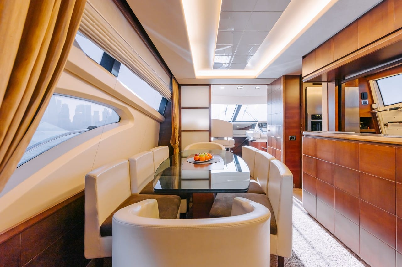 Interior dining area inside Azimut 79 luxury yacht Abu Dhabi