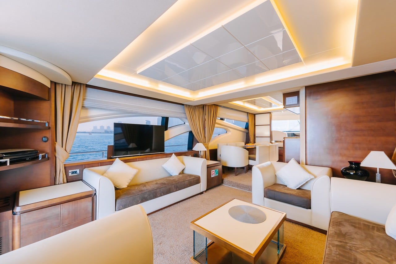 Luxury main salon interior of Azimut 79 yacht with lounge seating