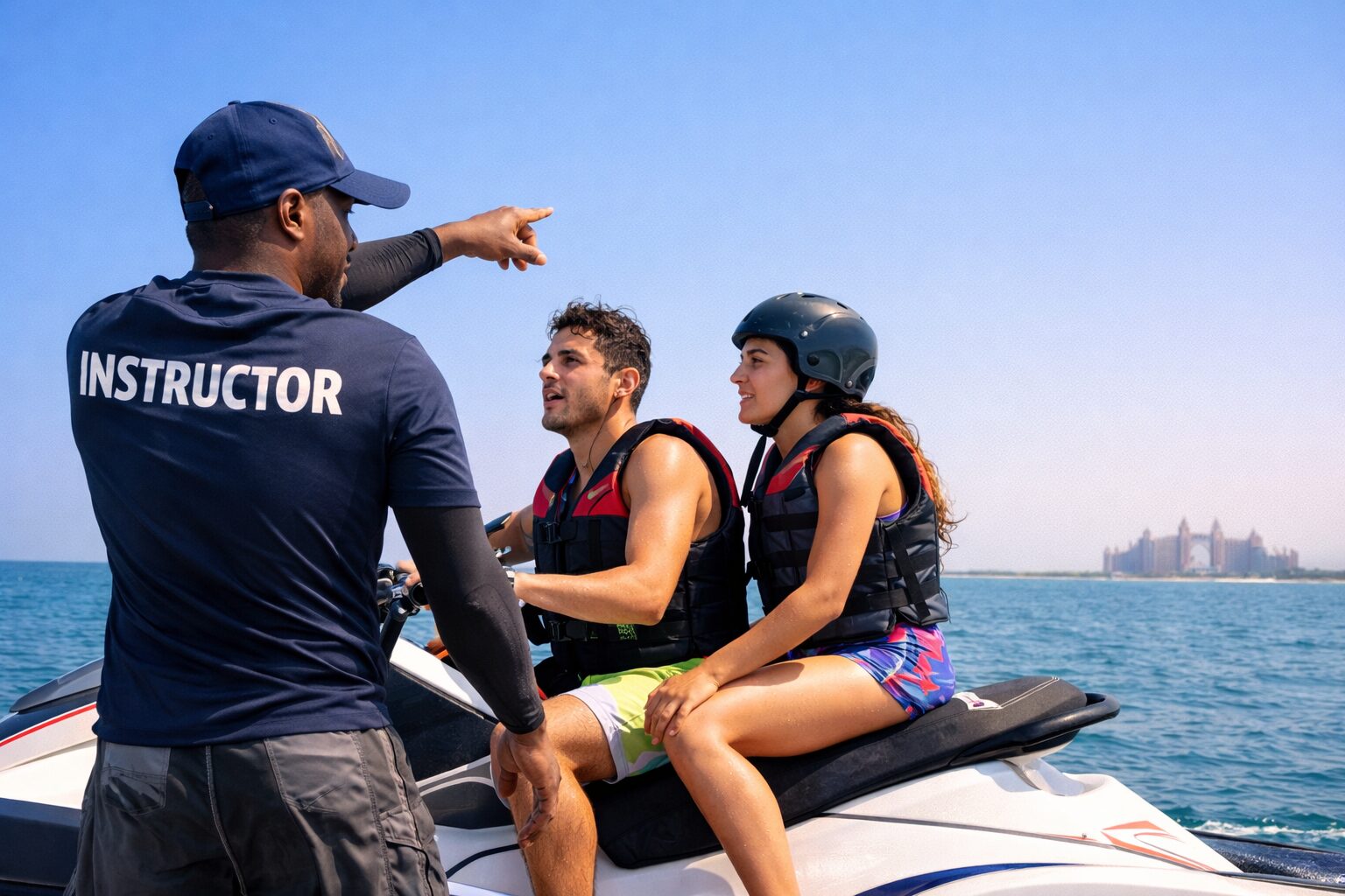 Fly board instructor giving safety instructions to tourists before water sports in Dubai