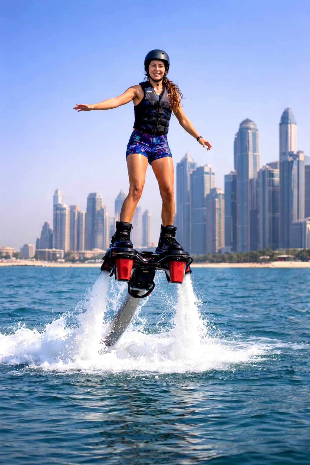 Woman balancing on a flyboard lifted by water jets above the sea with the Dubai Marina skyline behind