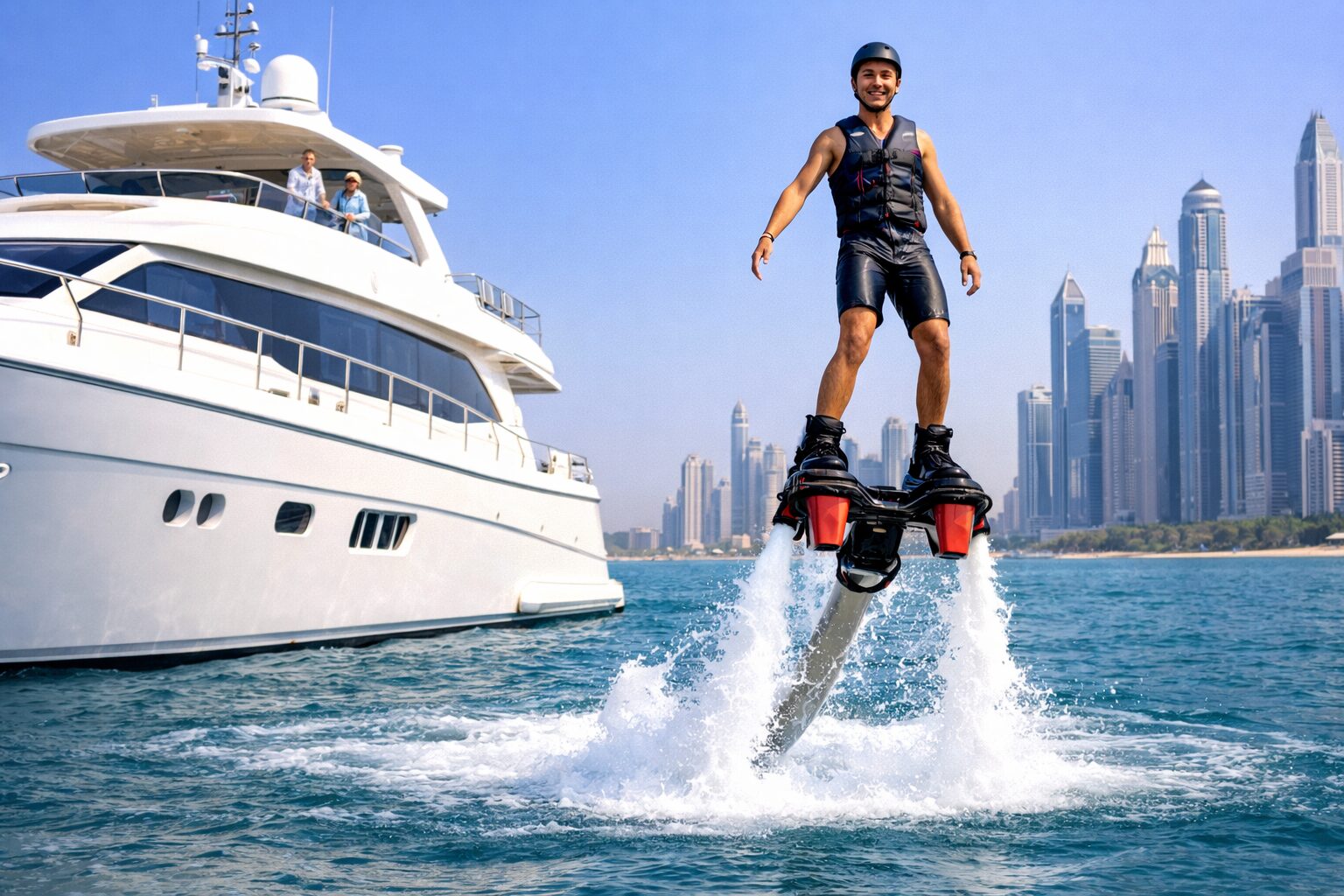 Flyboarder hovering on jets of water beside a white motor yacht with Dubai Marina towers behind