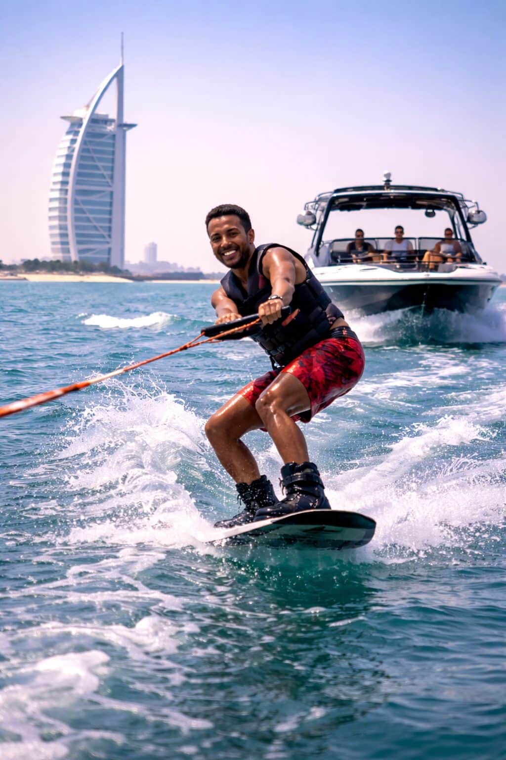 Man wakeboarding behind a speedboat on the waters of Dubai
