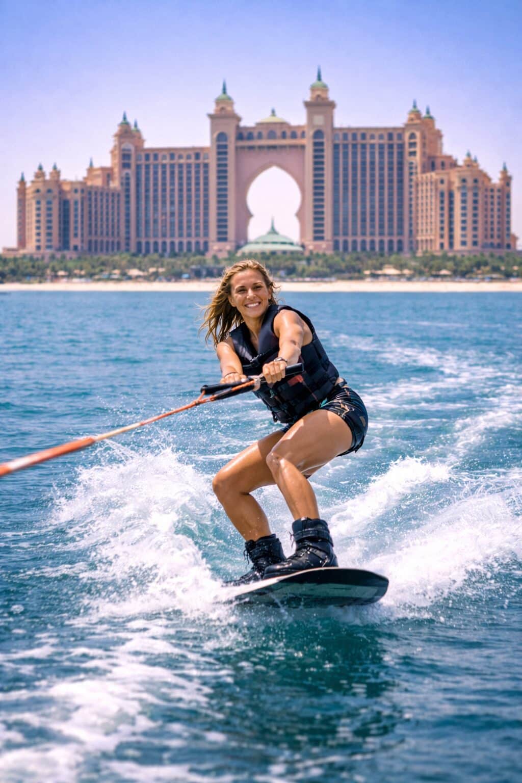 Smiling woman wakeboarding on the tow rope with Atlantis The Palm hotel behind her