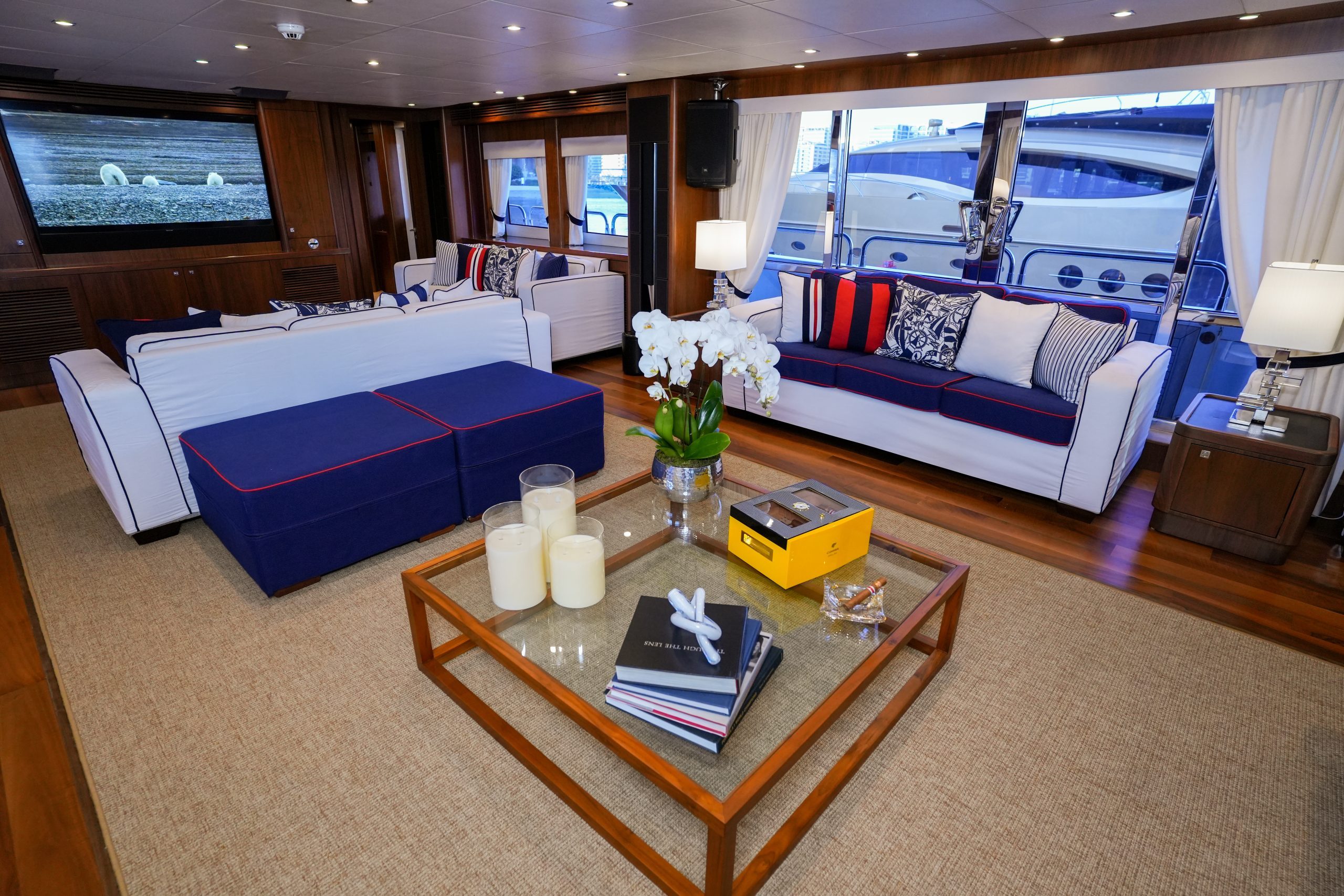 Luxury coffee table setting inside Sunseeker 131 yacht main salon