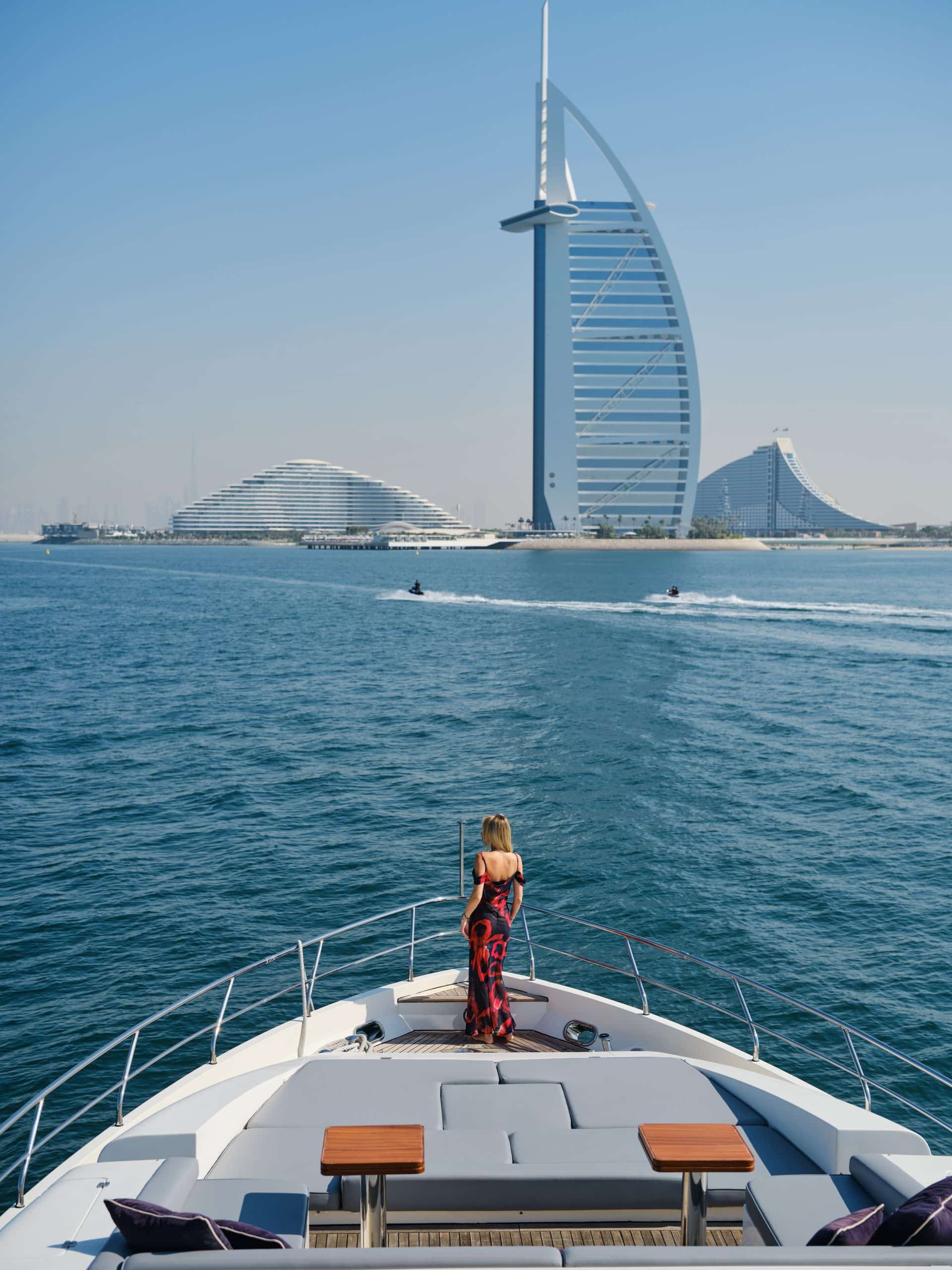 Bow view from Azimut 88 yacht with Burj Al Arab skyline
