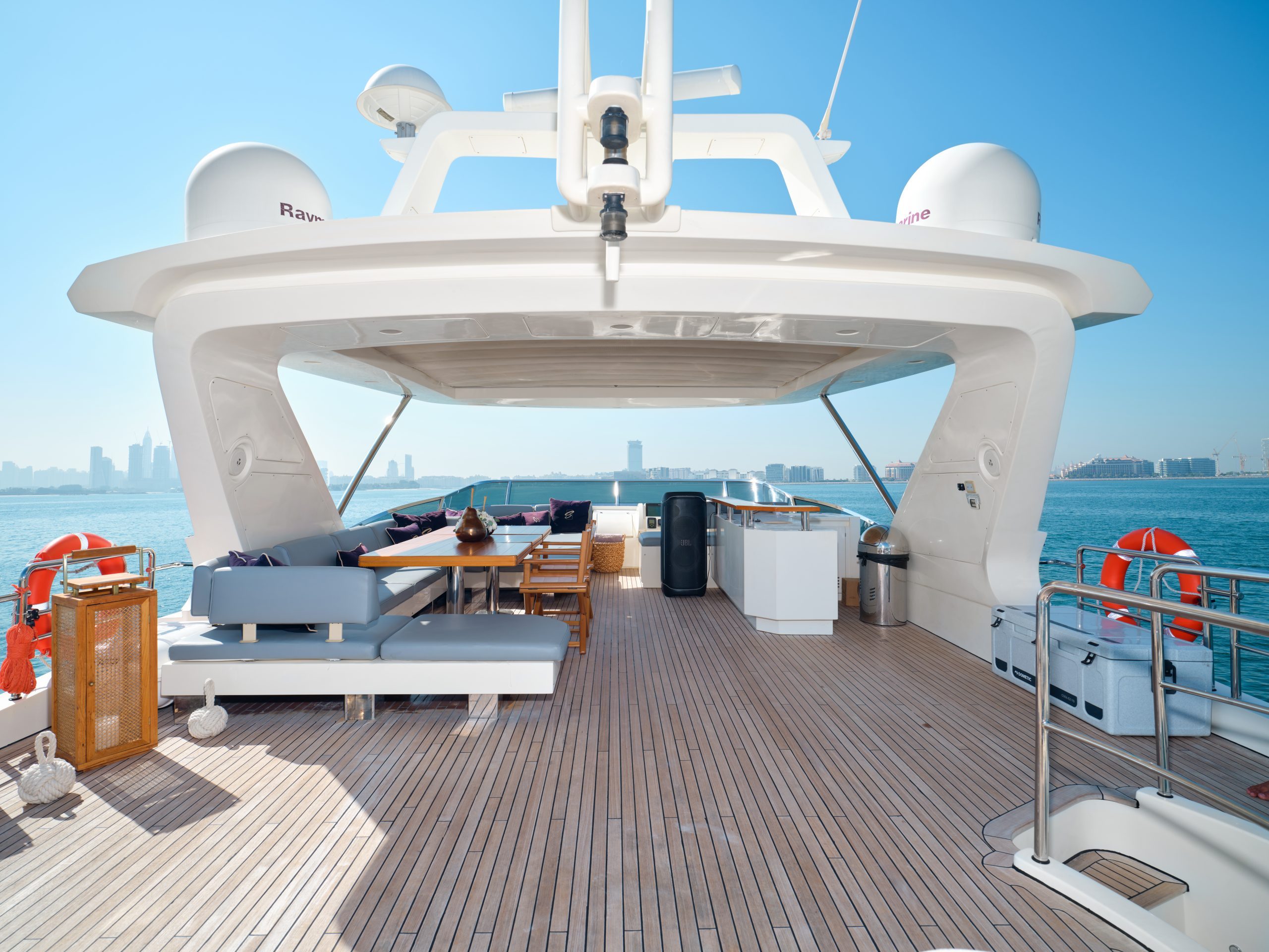 Upper deck seating and helm station on Azimut 88 yacht