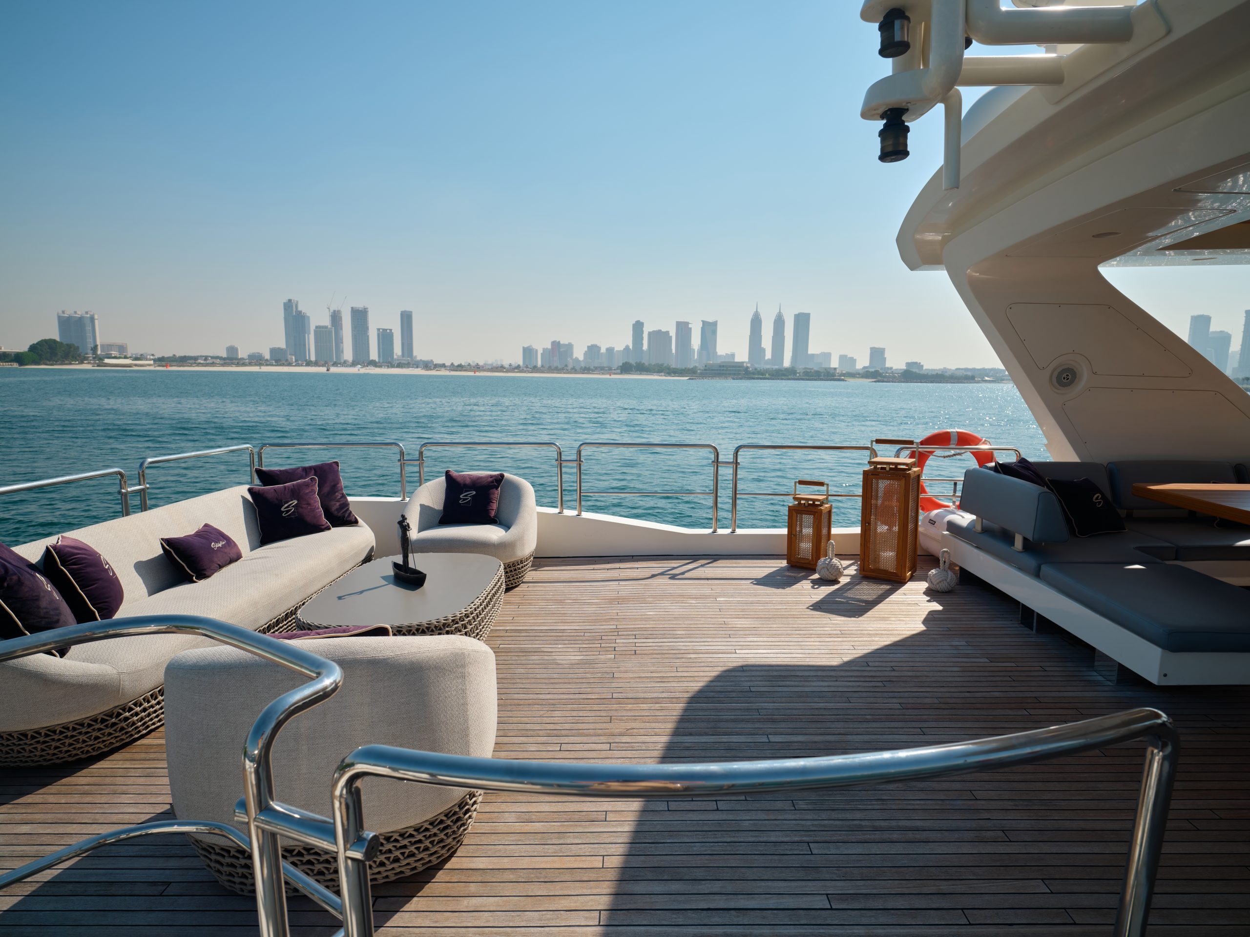 Foredeck lounge cushions with Dubai skyline on Azimut 88