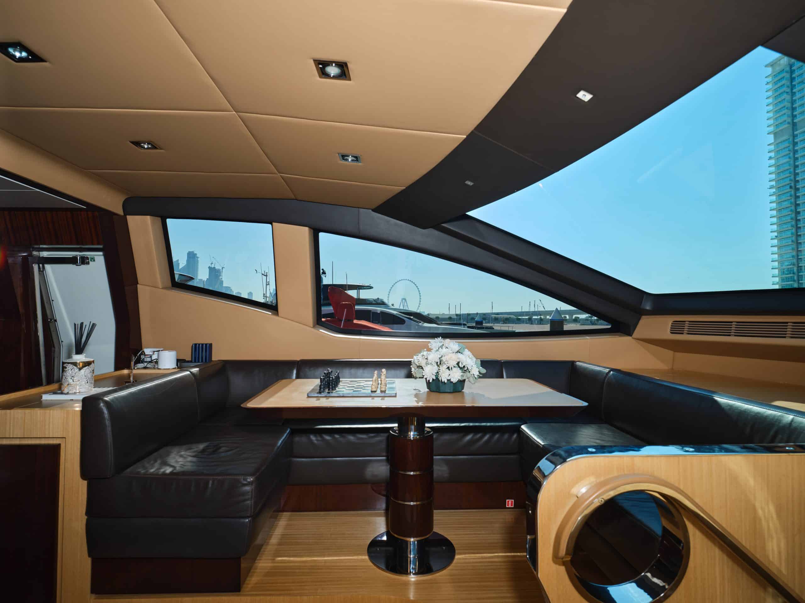 Luxury yacht interior seating and windows on Azimut 88