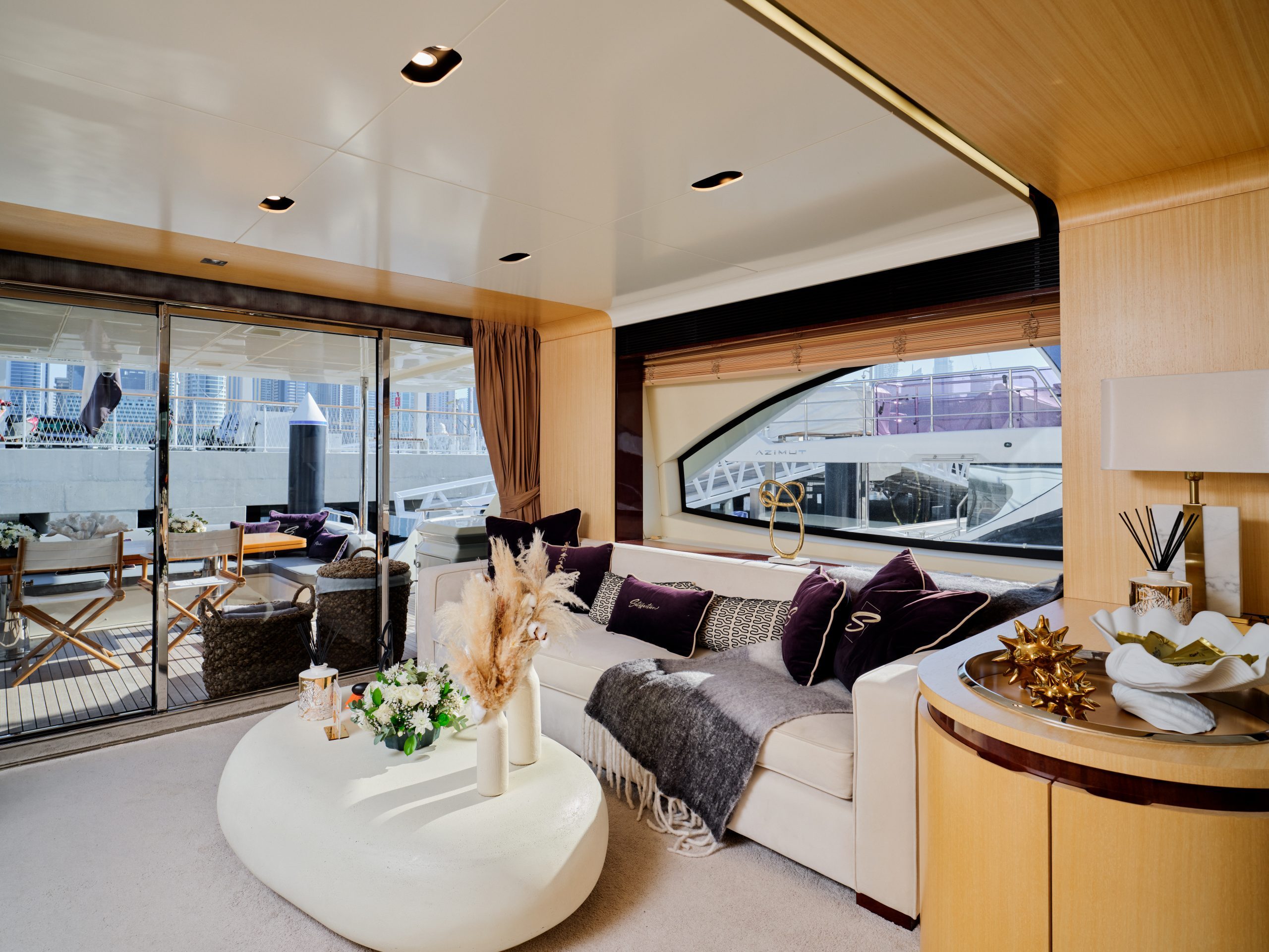 Stylish salon lounge area inside Azimut 88 yacht