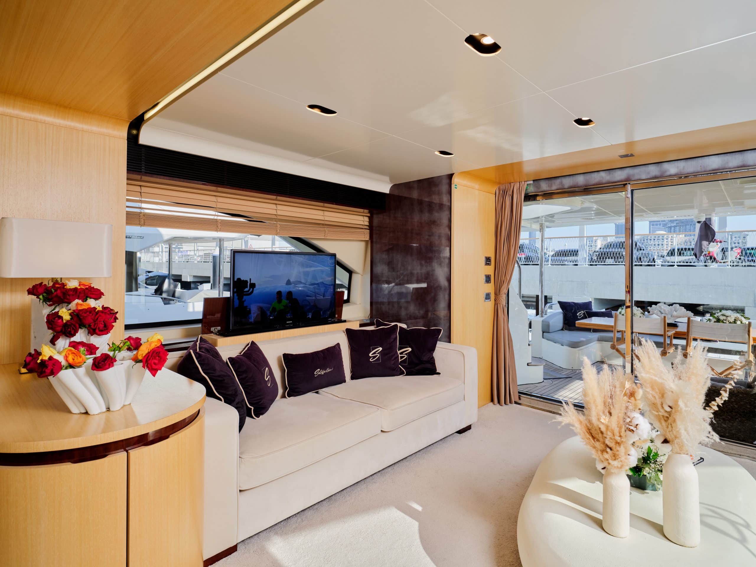 Modern lounge seating with panoramic windows on Azimut 88