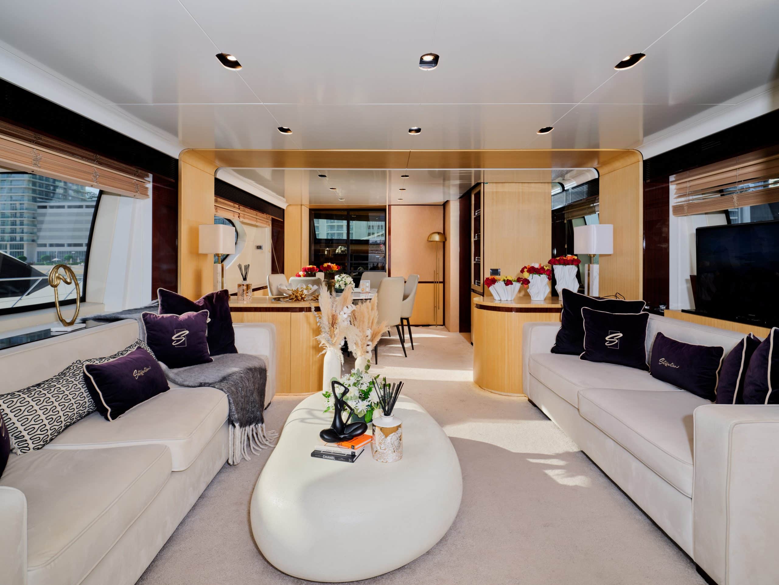 Luxury yacht seating and decor inside Azimut 88