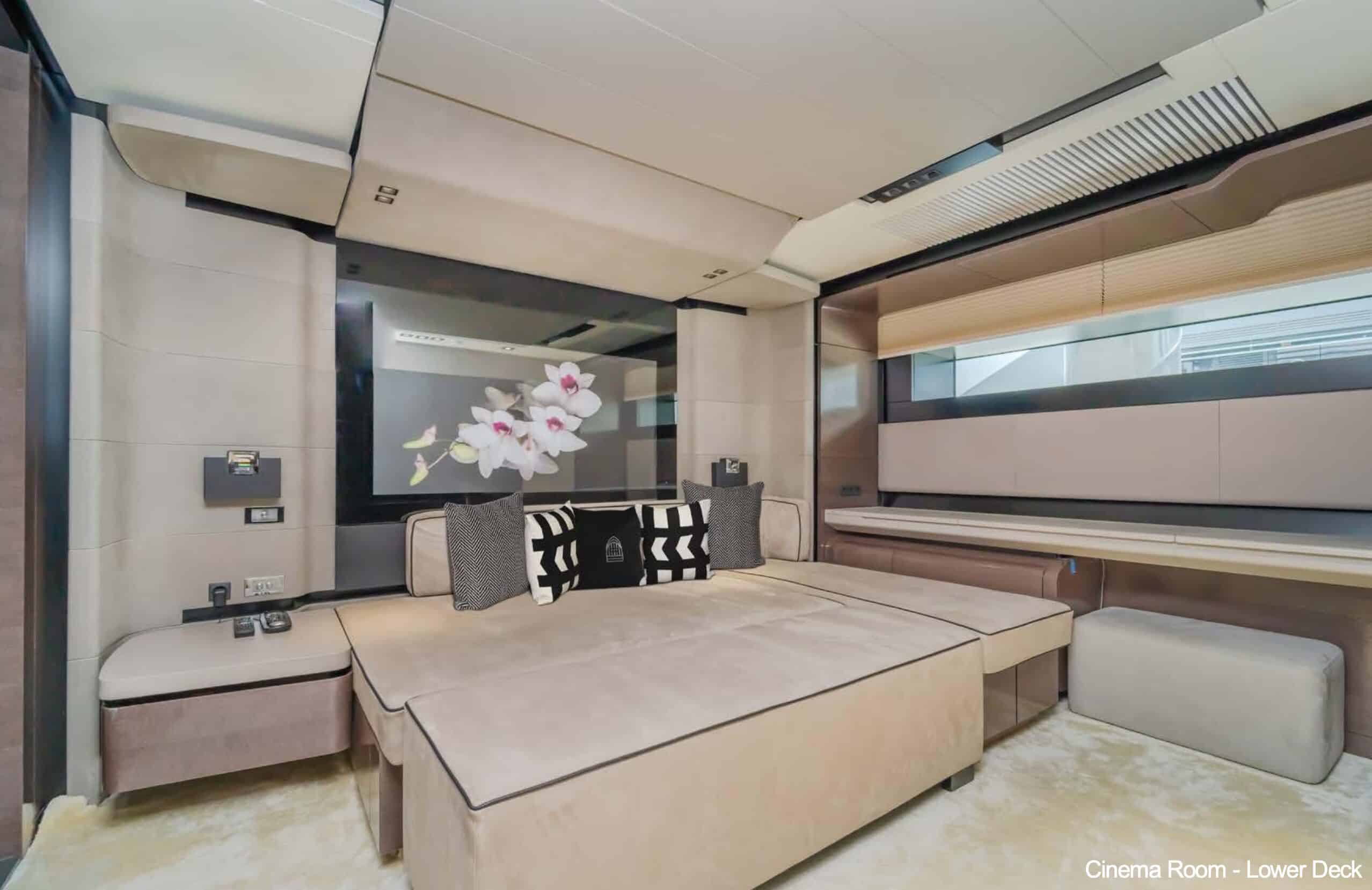Saffuriya VIP yacht spacious guest cabin with double bed, wood finishes and large panoramic window