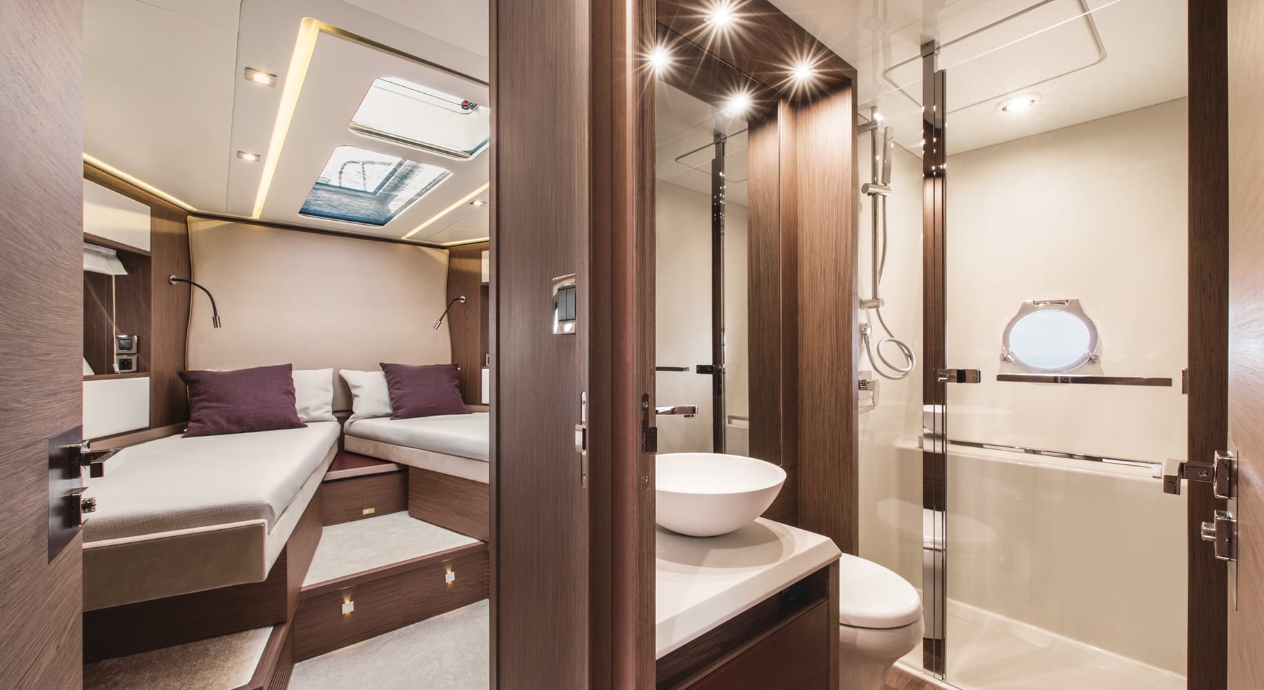 Monaco 60 yacht bathroom with glass shower cabin and wooden interior