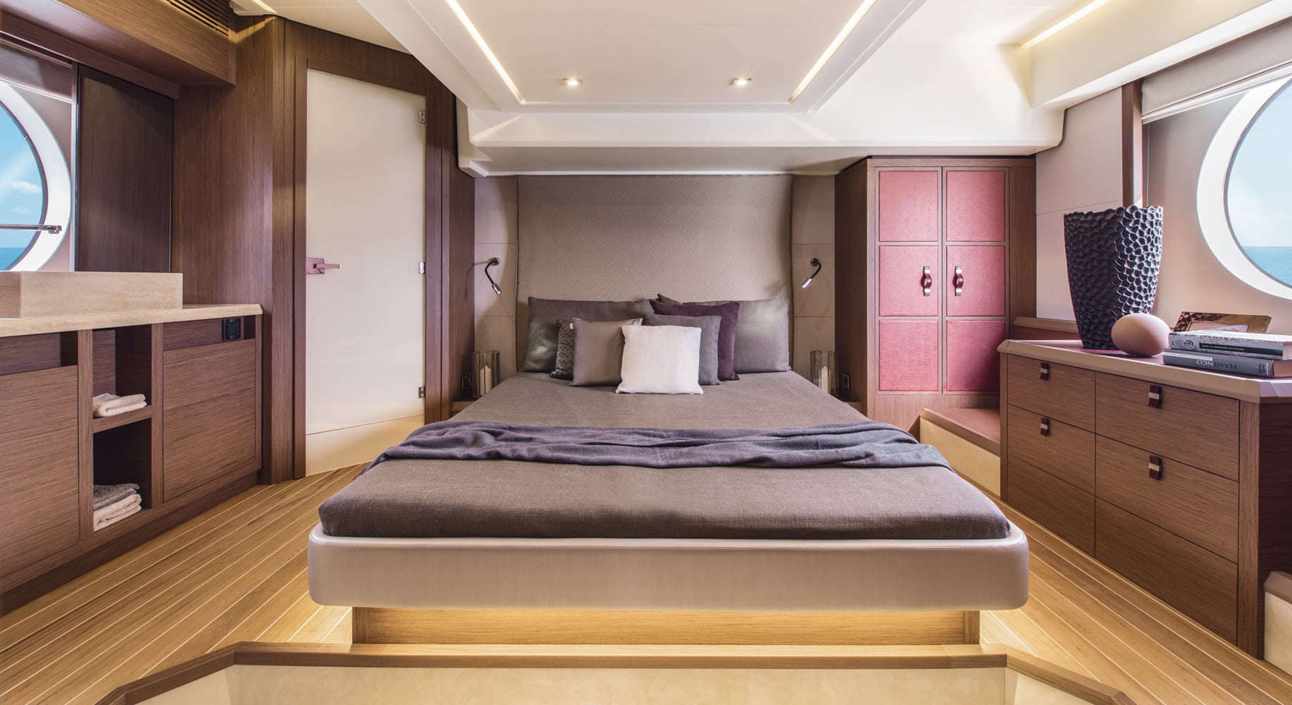 Monaco 60 yacht bedroom with king size bed and modern interior lighting