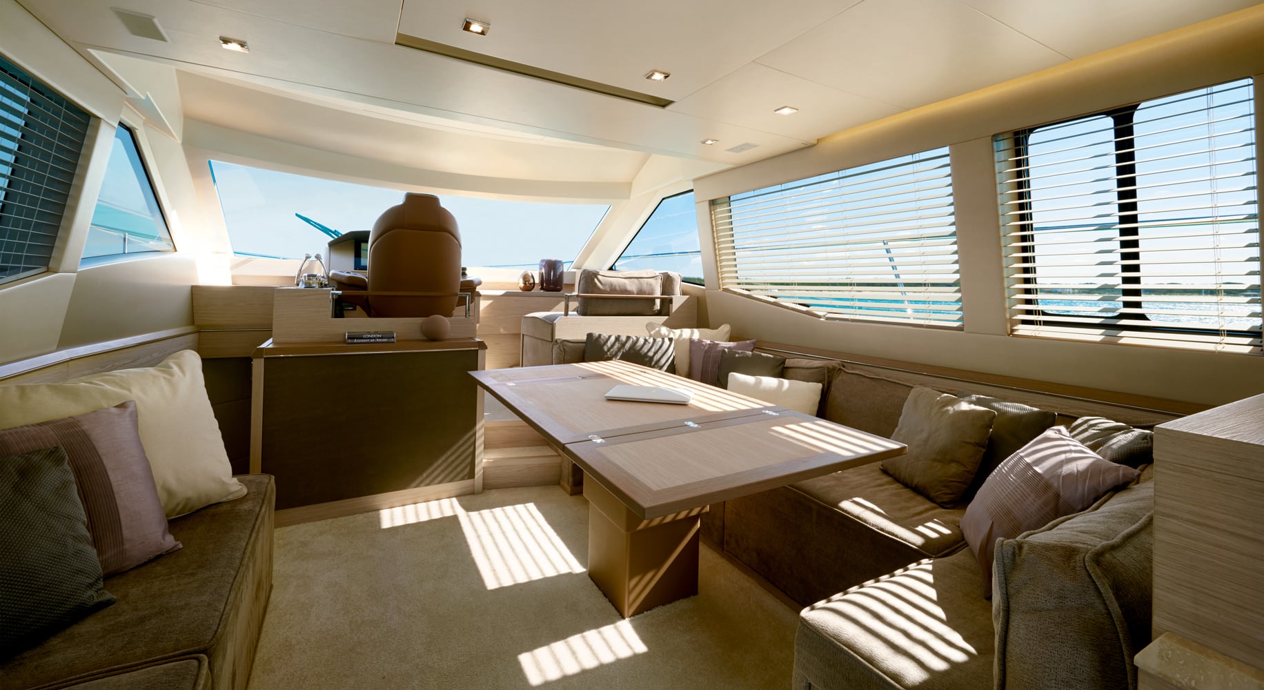 Monaco 60 yacht kitchen and main salon interior with luxury furnishings