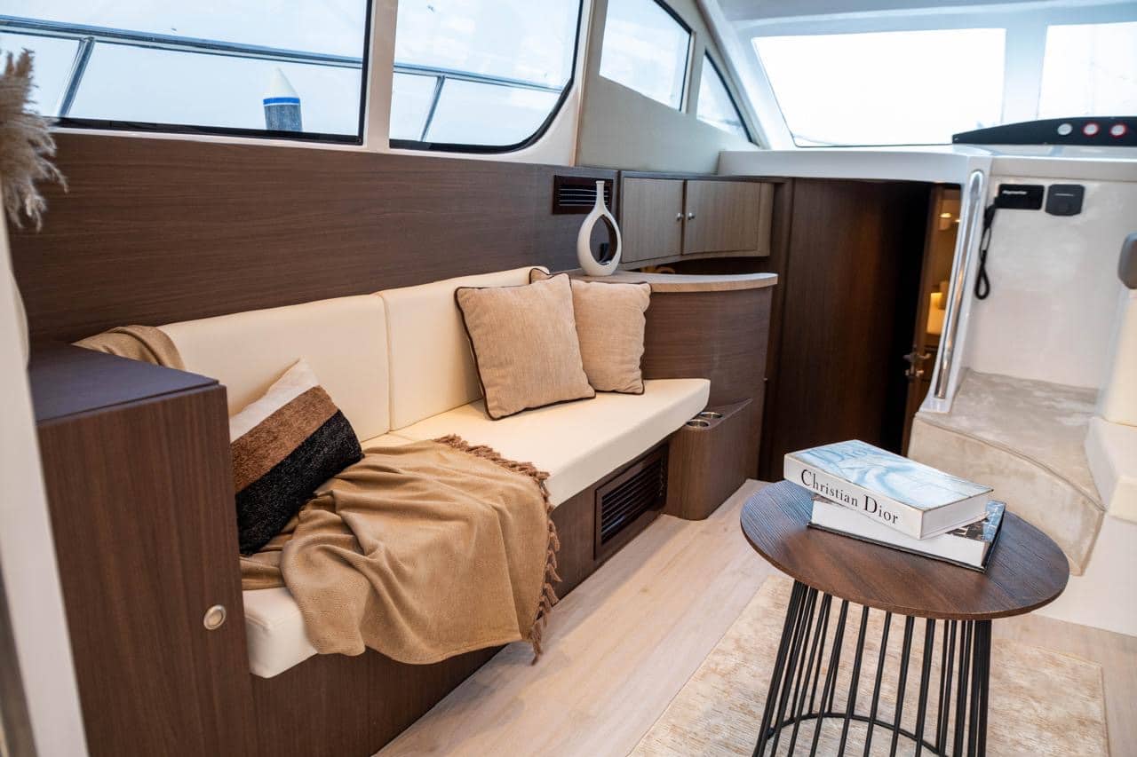 Elan 44 interior lounge seating with panoramic windows