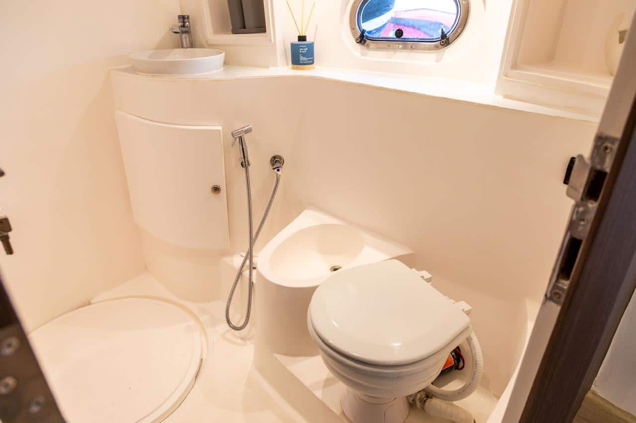 Elan 44 yacht bathroom with toilet, sink and shower
