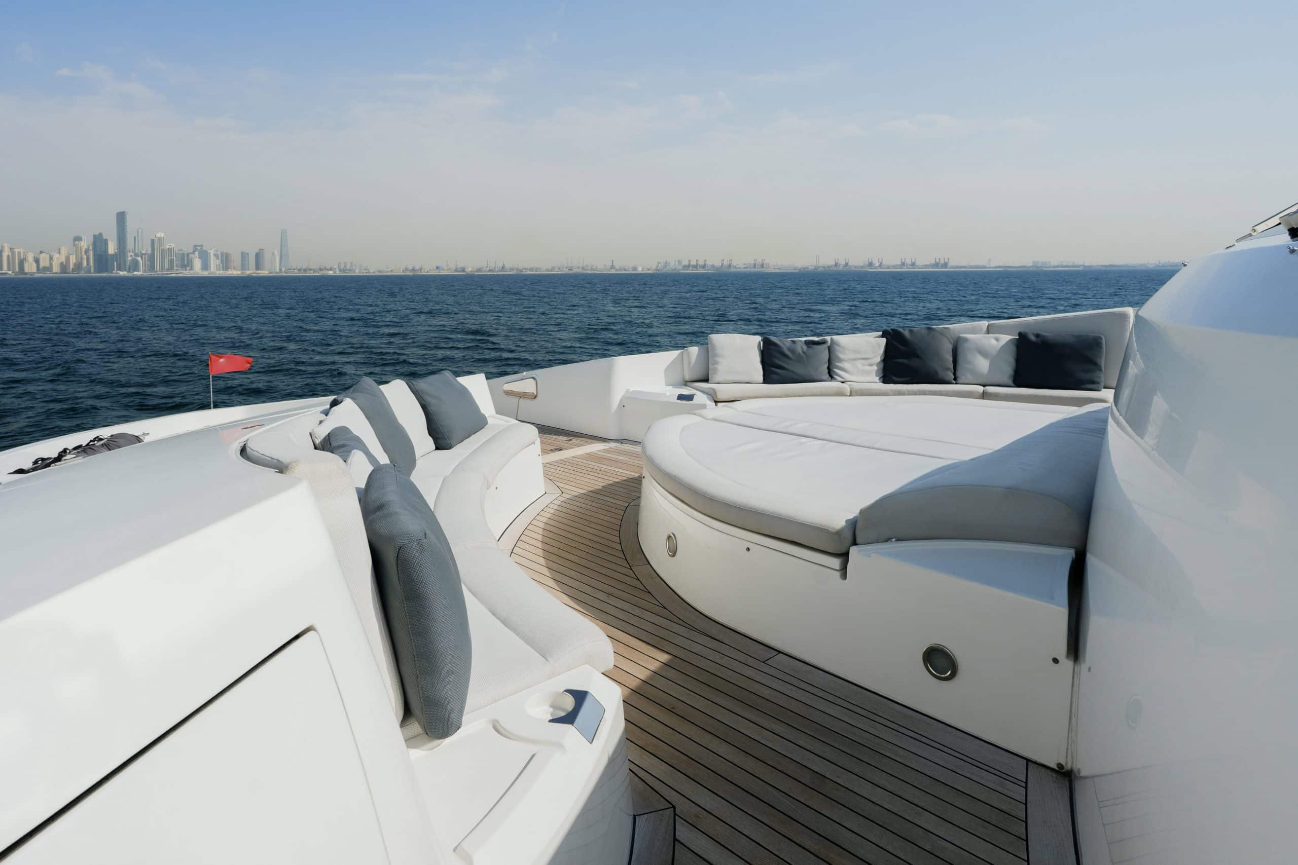 Aurora 130 yacht side deck walkway with white hull and ocean backdrop
