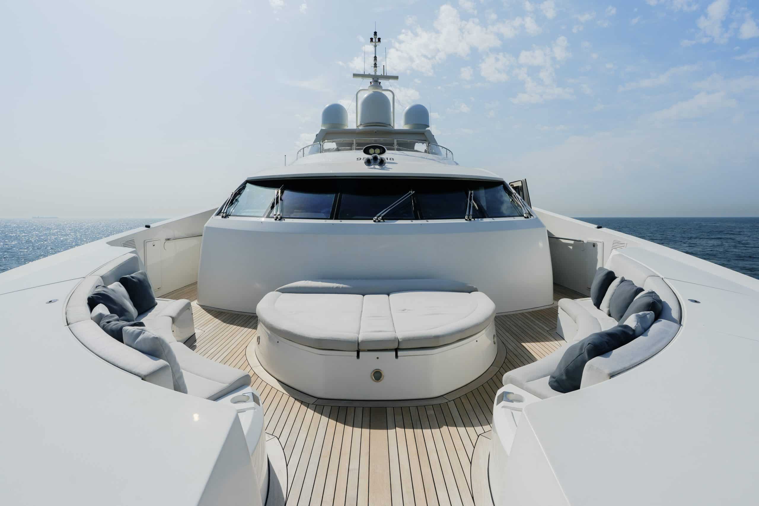 Aurora 130 yacht front exterior profile showcasing sleek bow design