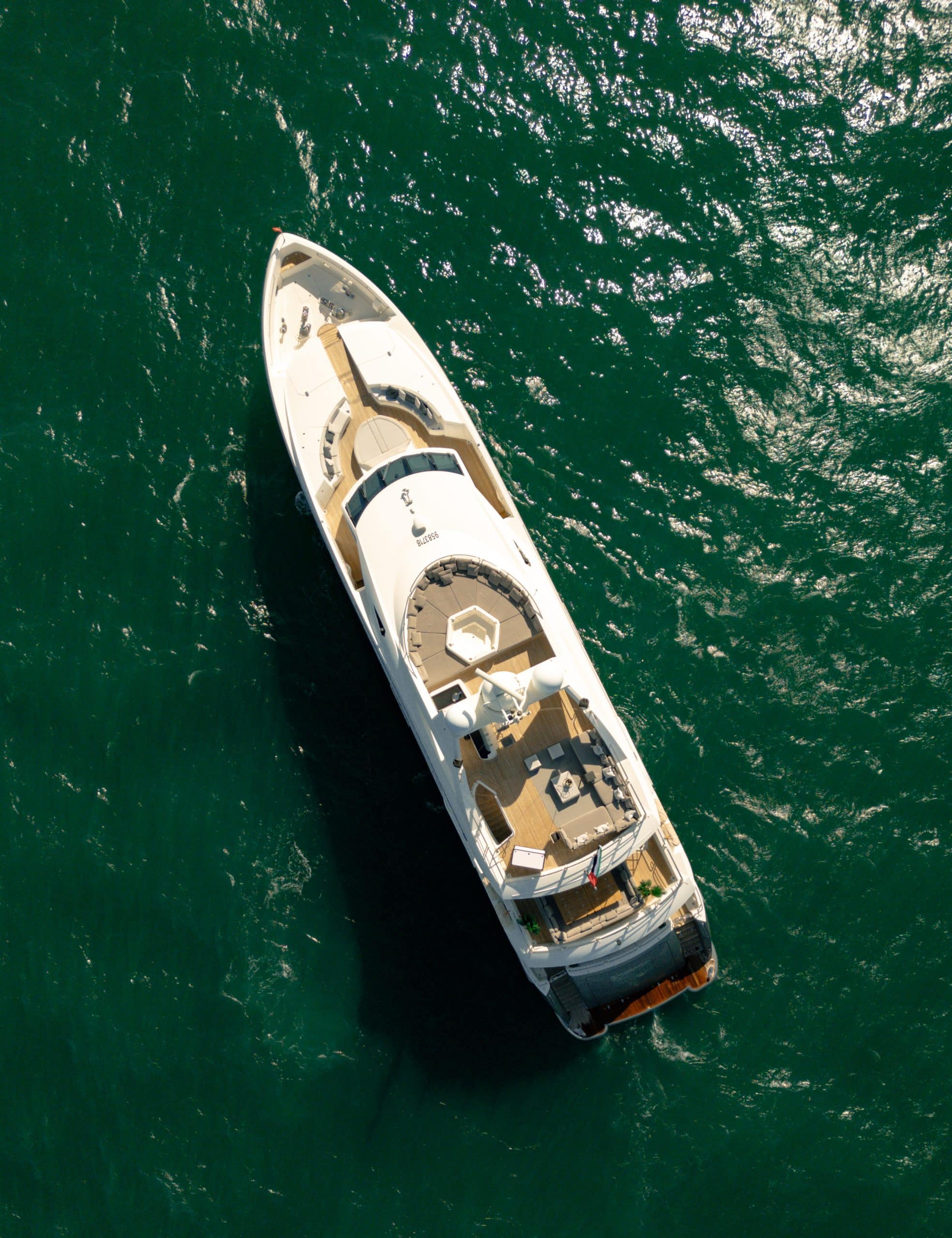 Aurora 130 yacht top view while cruising in open sea