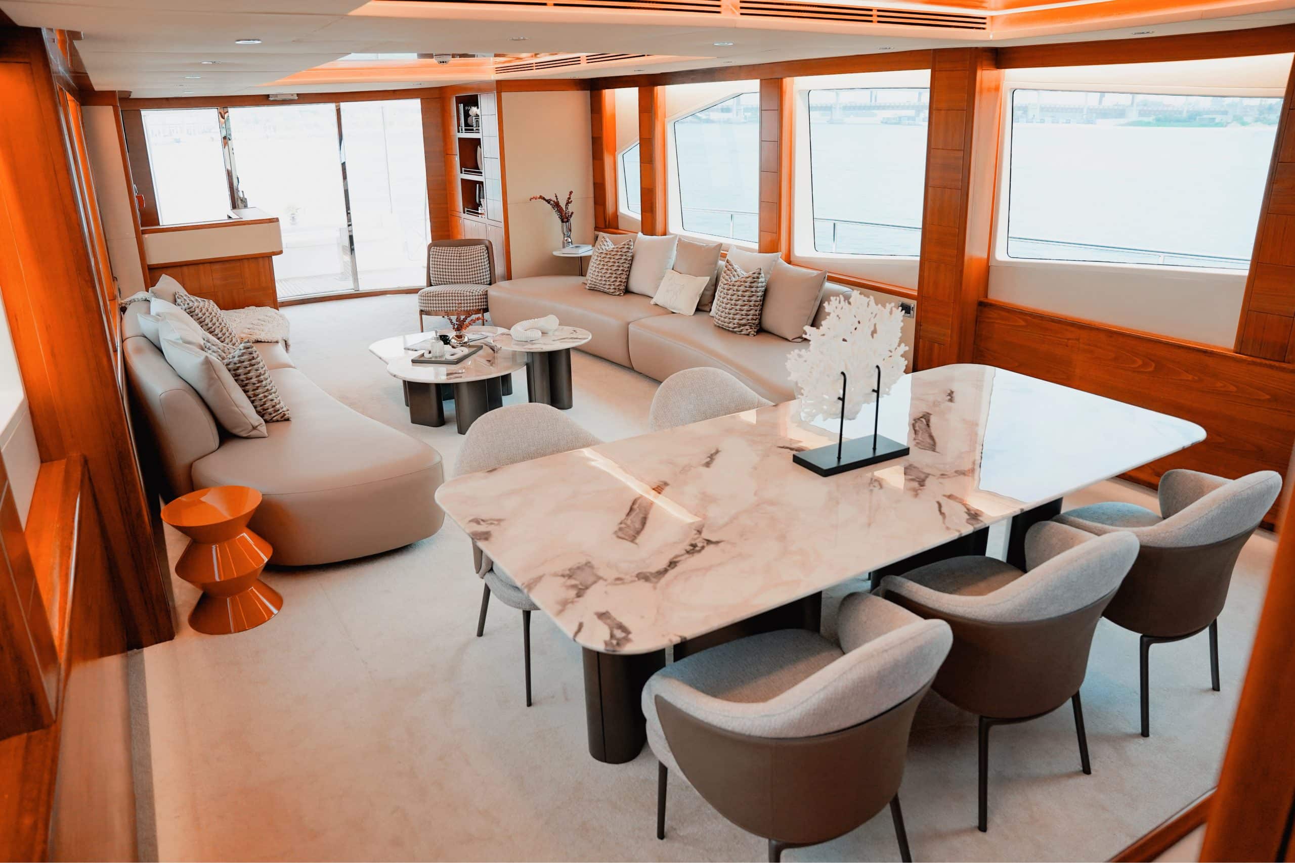 Luxury dining and entertainment area onboard Luna 101 yacht at Yas Marina Abu Dhabi