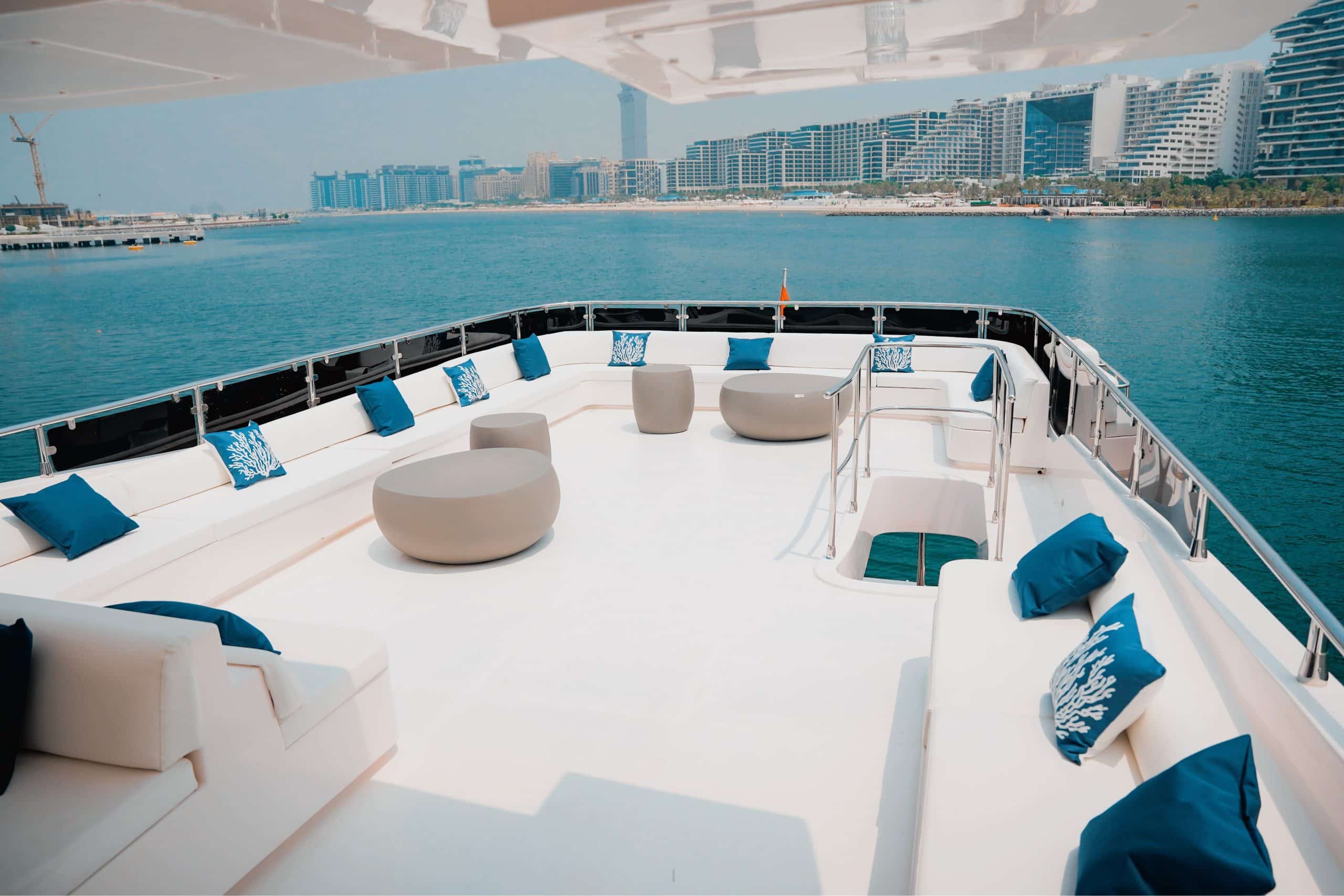 Luna 101 luxury yacht aft deck lounge seating at Yas Marina during Abu Dhabi F1 2026
