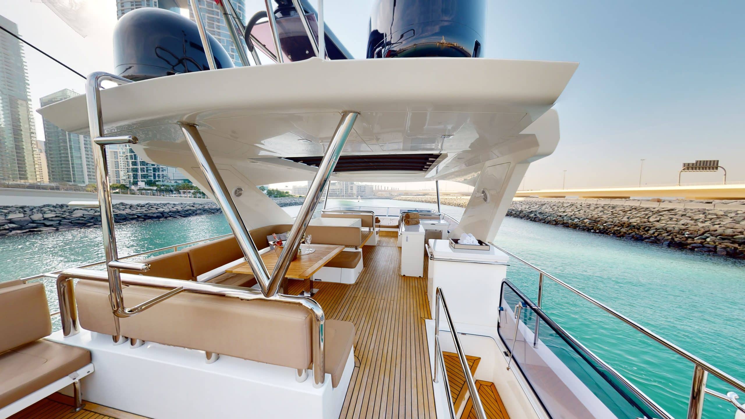 Galeon 780 F1 luxury yacht flybridge walkway with teak flooring and premium seating