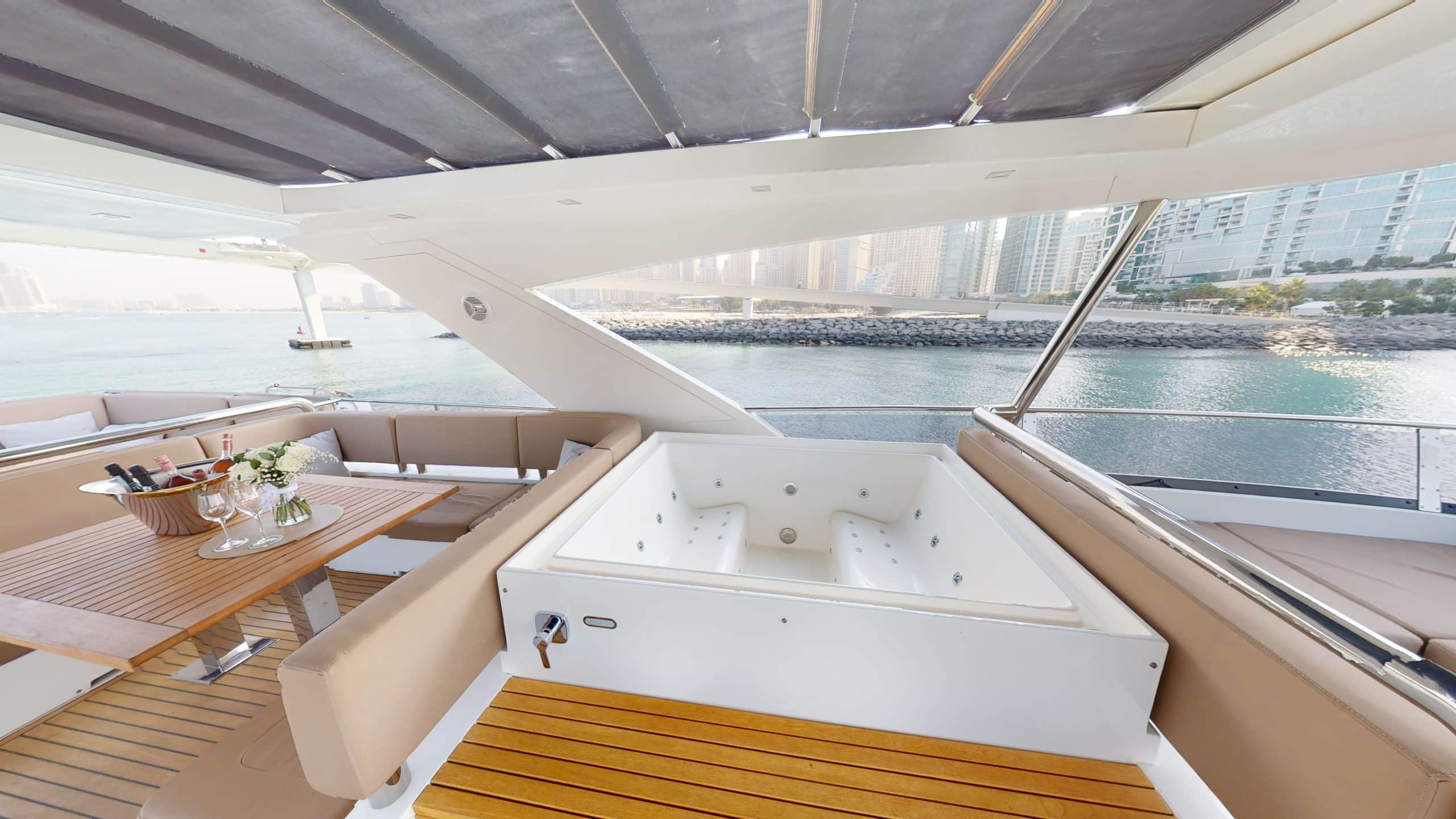 Galeon 780 F1 luxury yacht upper deck seating area with panoramic ocean views