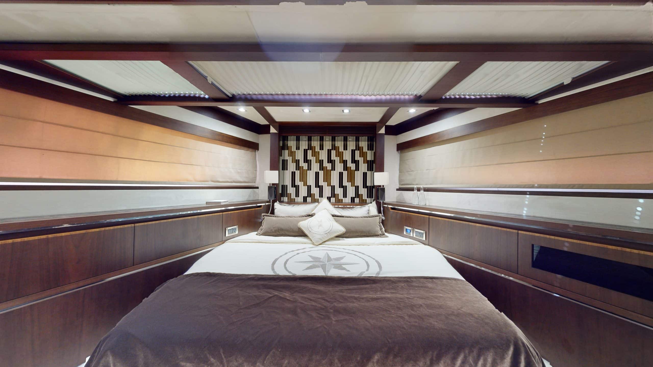 Galeon 780 F1 luxury yacht master bedroom with premium bedding and modern interior design