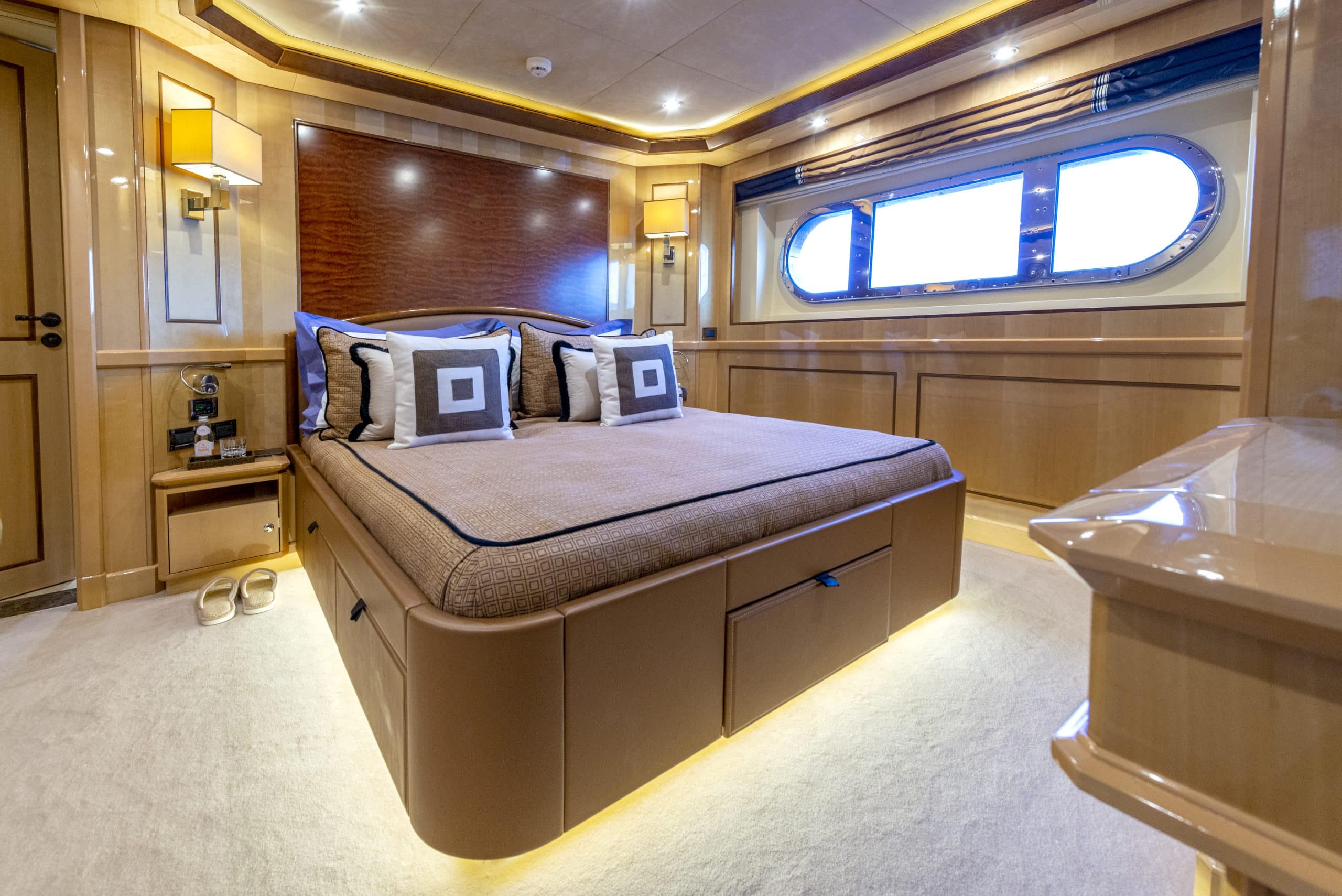 Elegant guest cabin bedroom inside MILA 141 superyacht