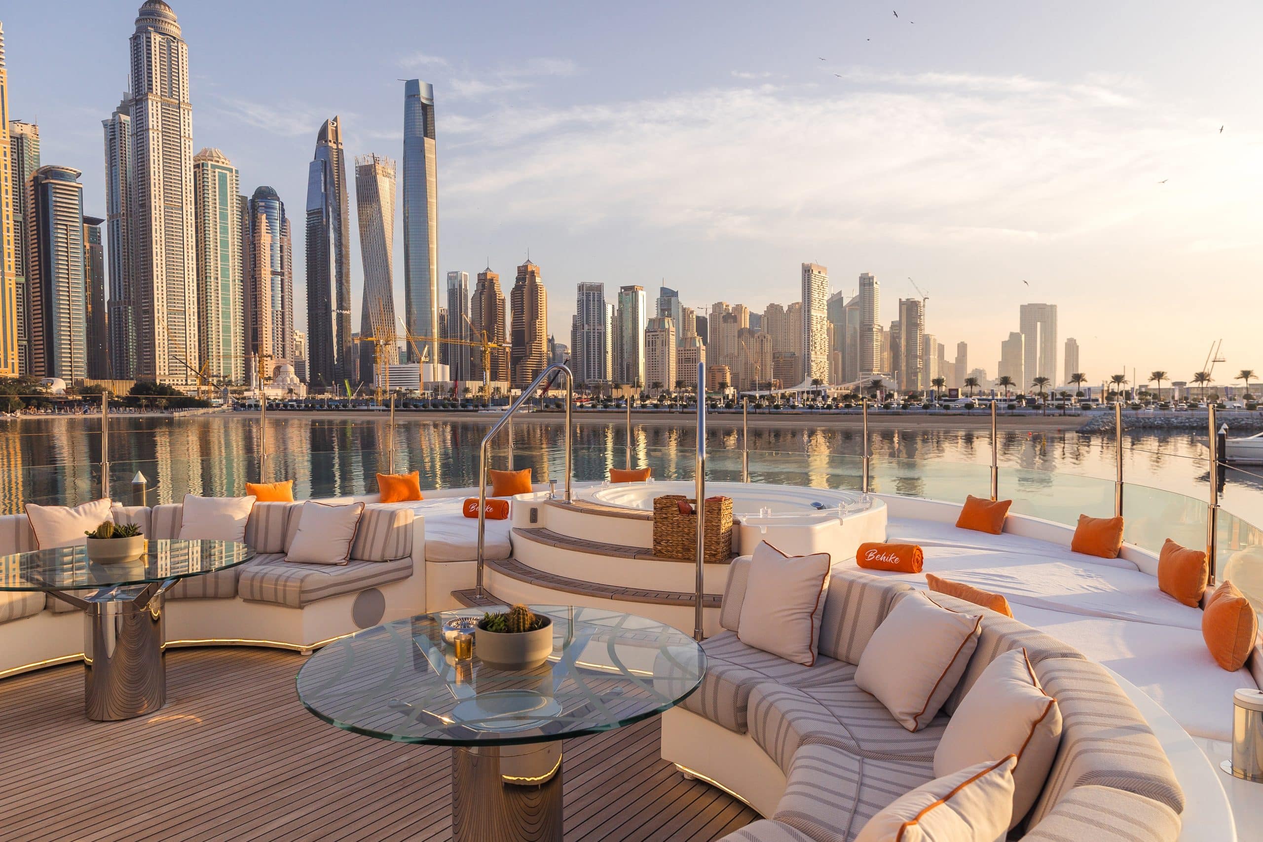 Abu Dhabi skyline waterfront view during Formula 1 weekend from luxury yacht