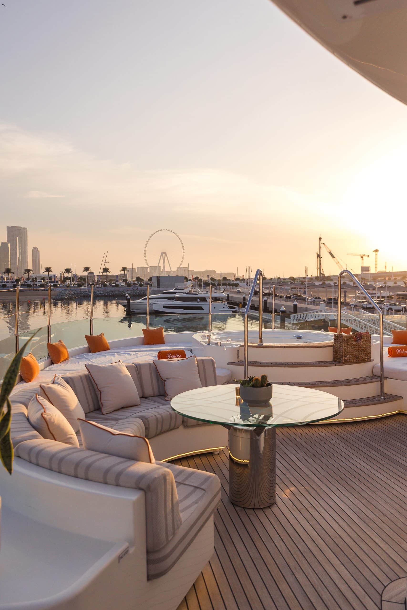 Sunset lounge seating area on MILA 141 yacht during Abu Dhabi Grand Prix weekend
