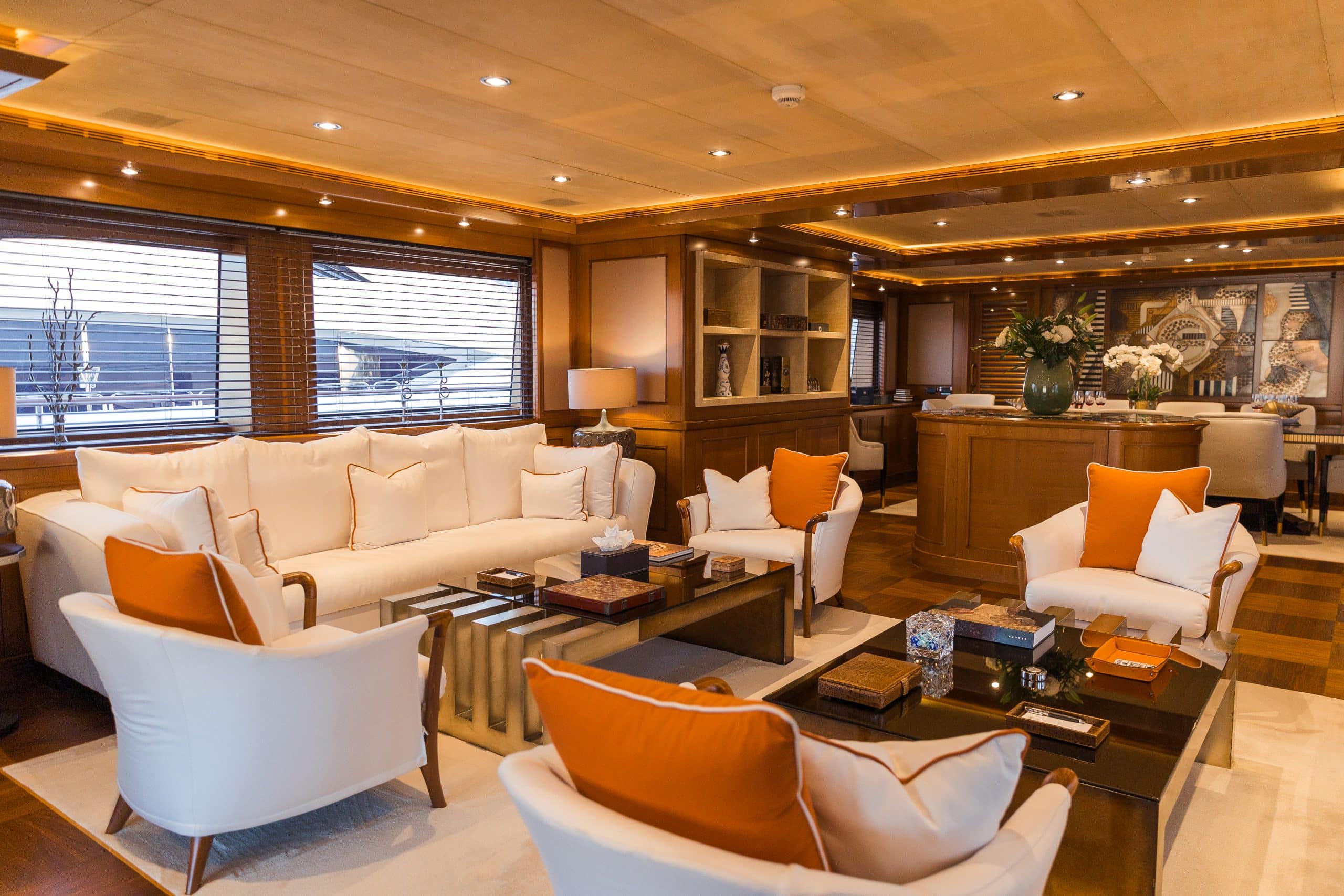 Spacious luxury living room area inside MILA 141 superyacht