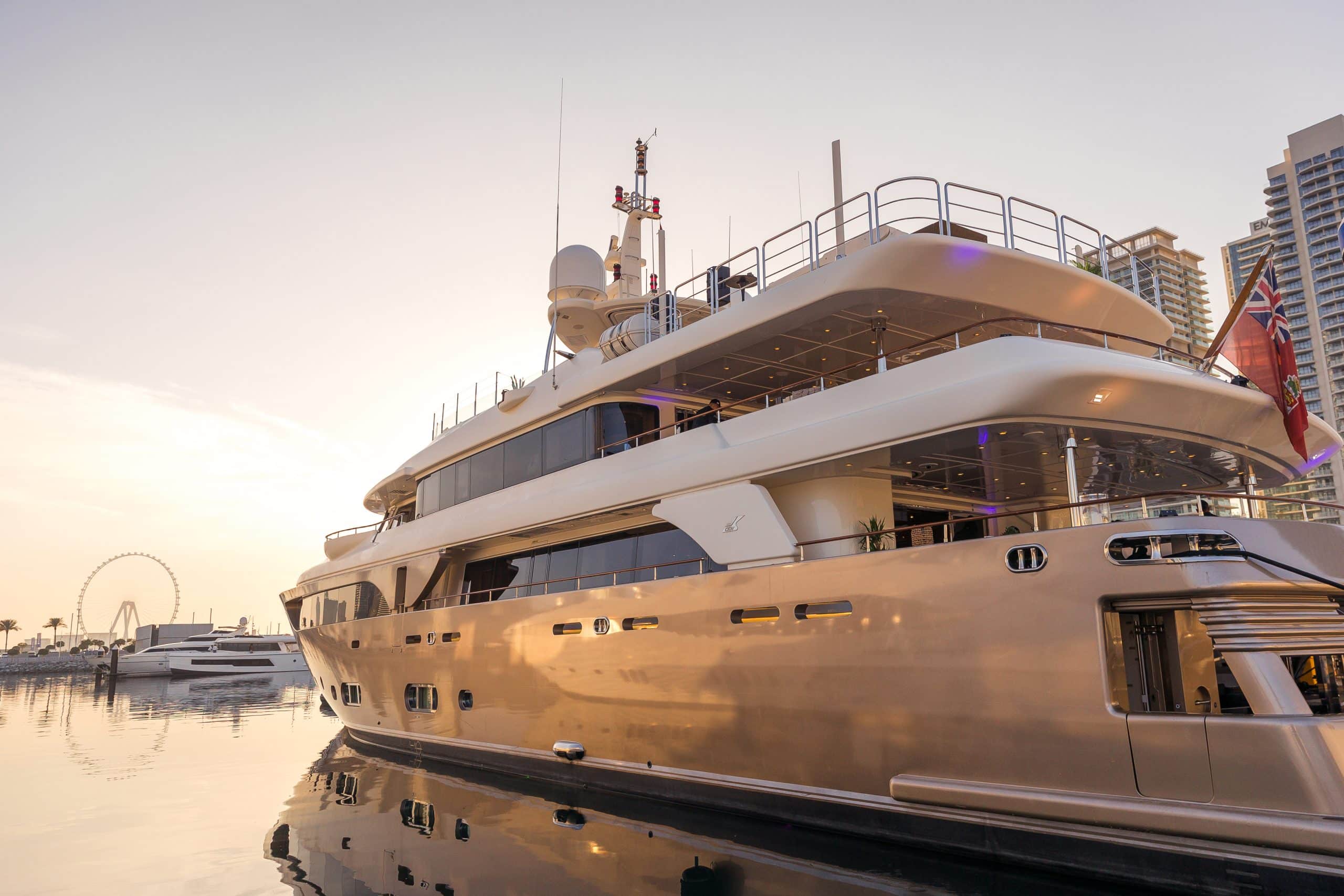 MILA 141 superyacht docked at sunset in Abu Dhabi marina