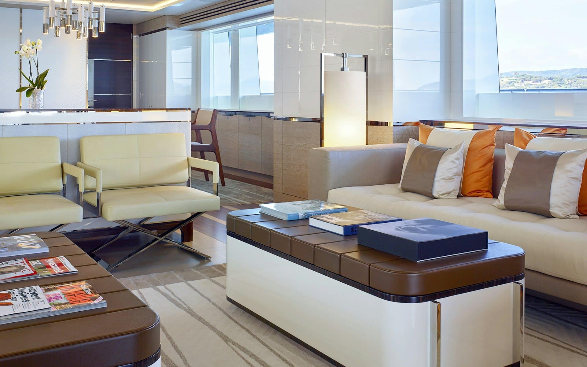 Modern yacht interior lounge with natural lighting on Sofiya 153