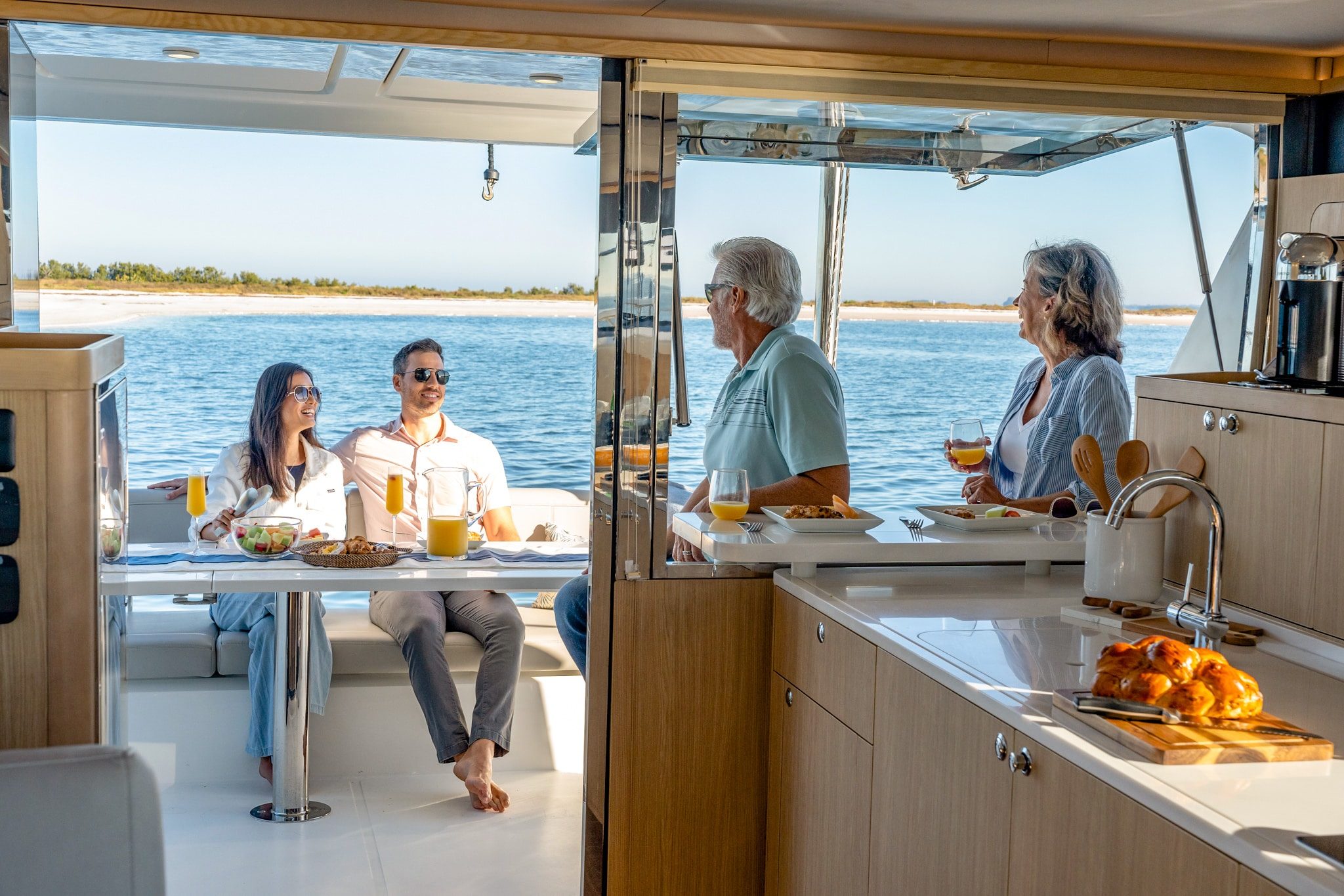 Aquila 42 cockpit bar with galley pass-through window, shipyard photo