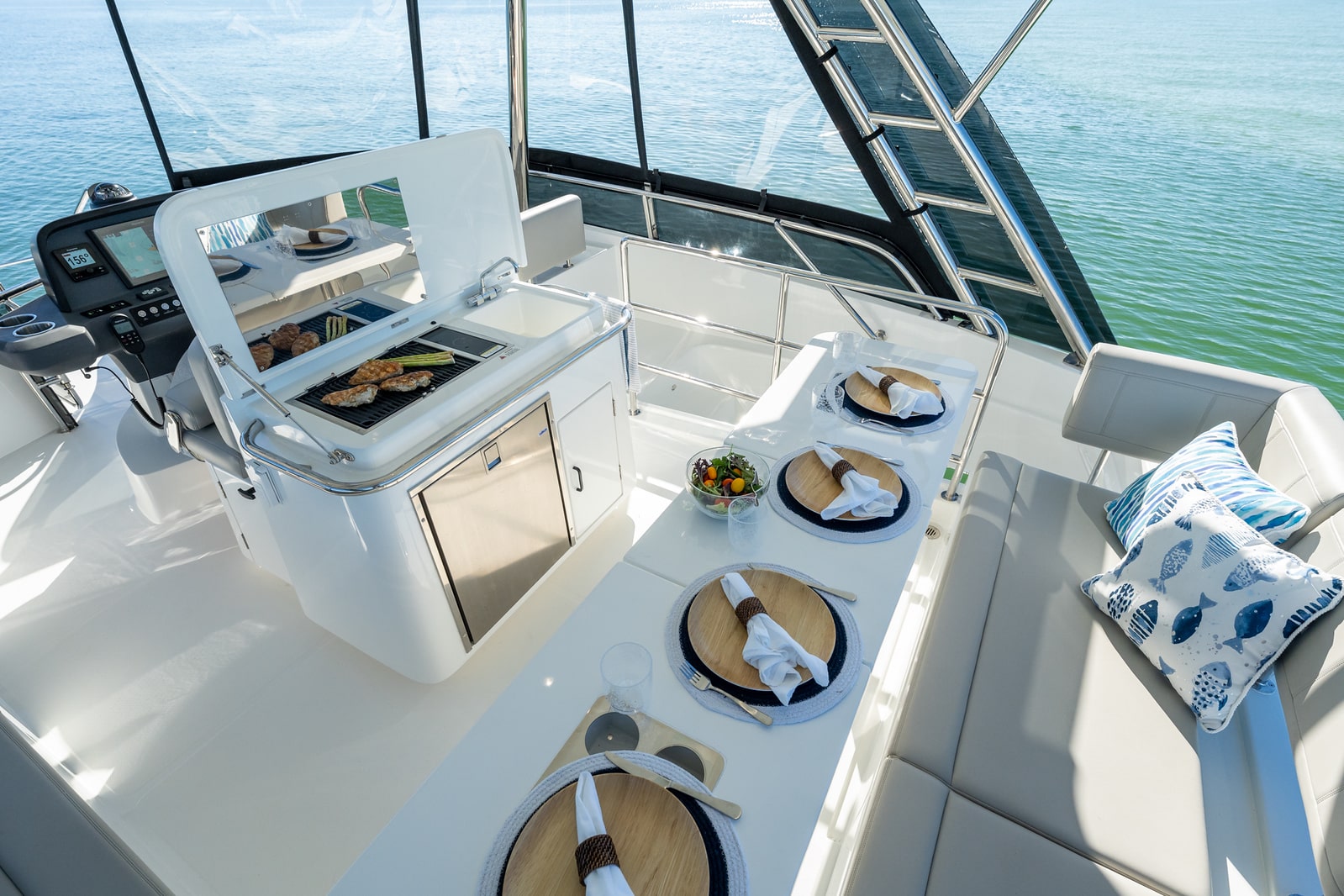 Aquila 42 flybridge grill and wet bar seating, shipyard photo