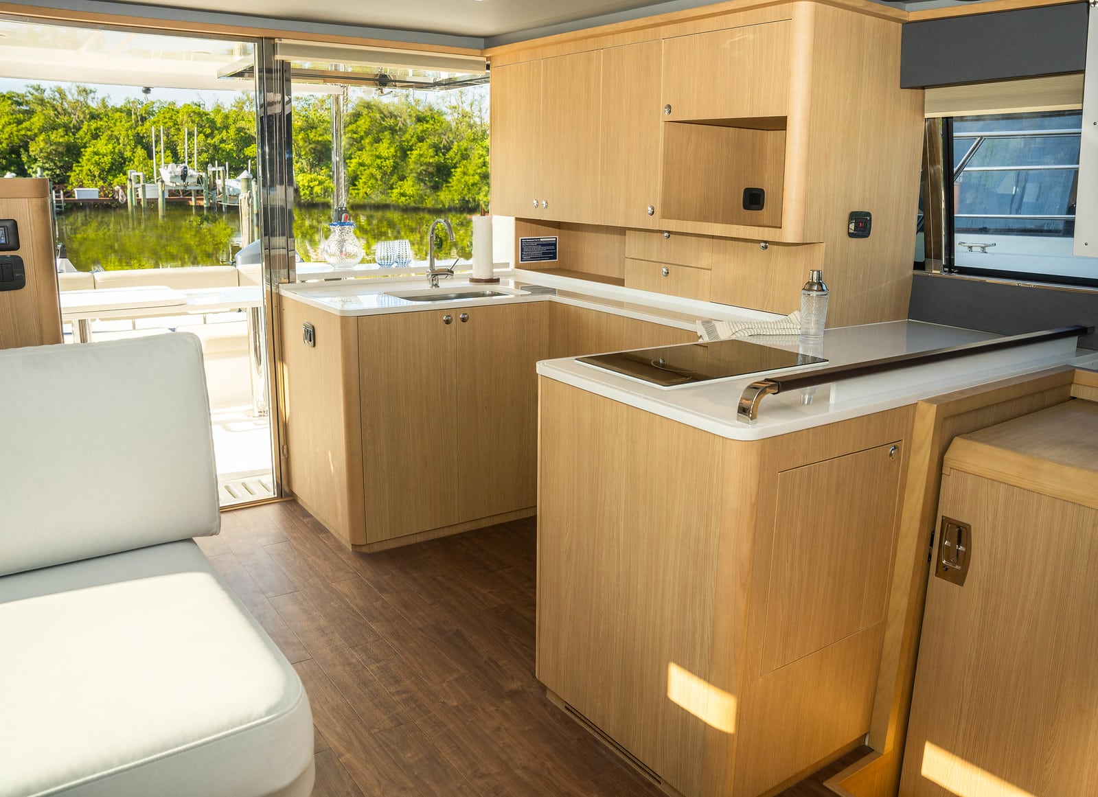 Aquila 42 galley looking aft to the cockpit, shipyard photo