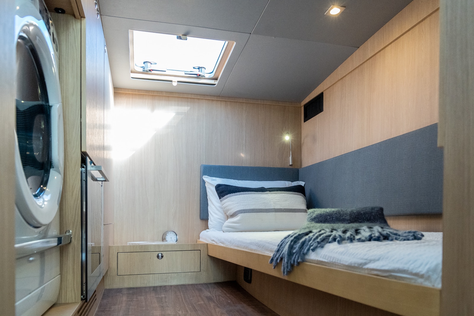 Aquila 42 guest cabin with double berth and skylight, shipyard photo