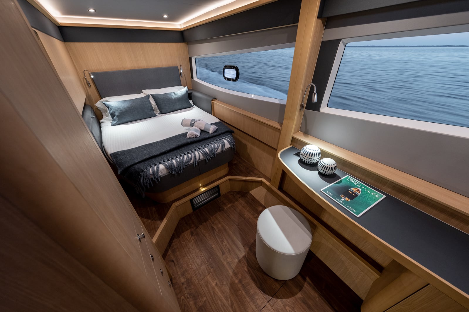 Aquila 42 master cabin with double berth and vanity, shipyard photo