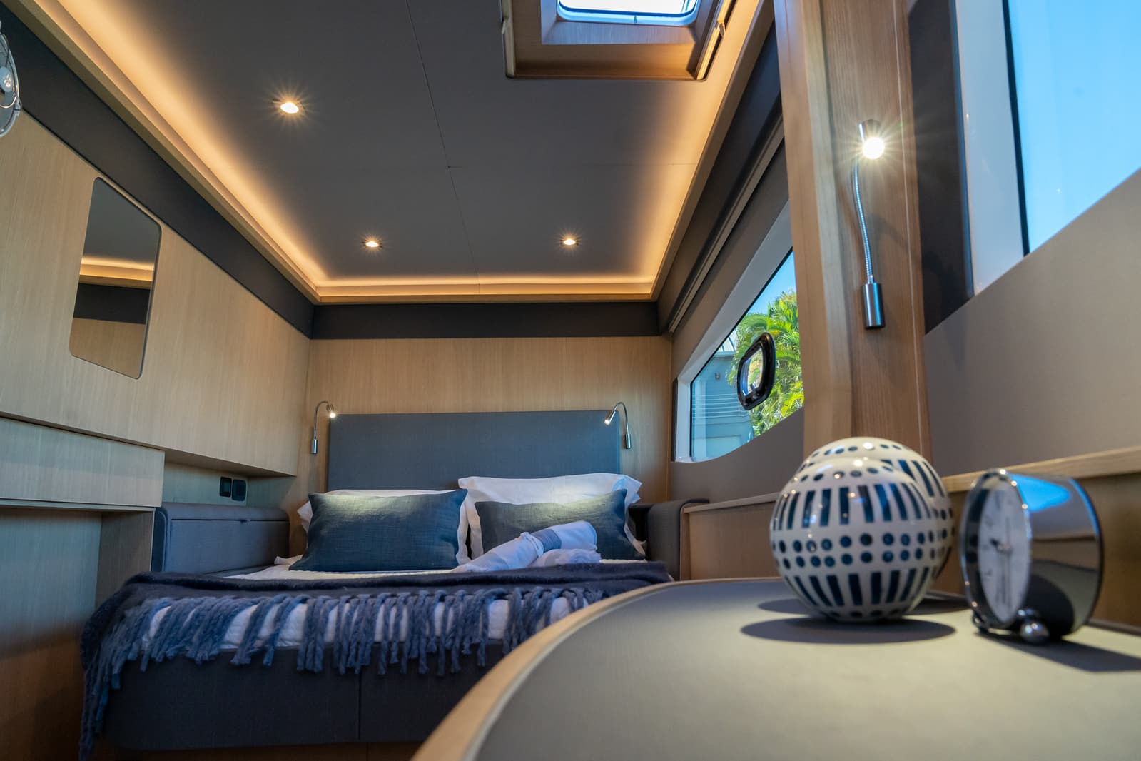 Aquila 42 master cabin with hull window, shipyard photo