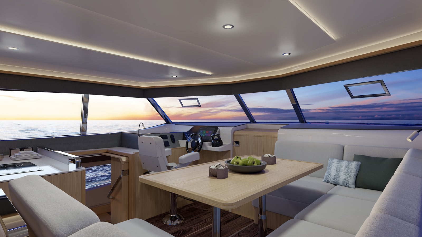 Aquila 42 saloon dinette with panoramic windows, shipyard photo
